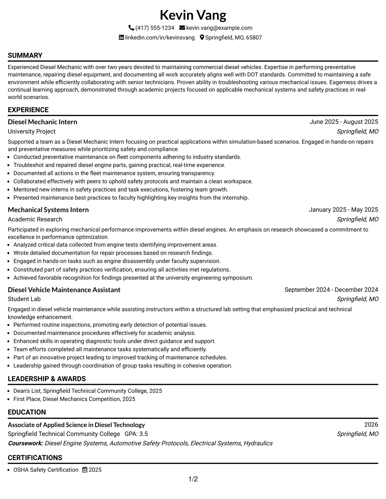 Resume Example Page 1