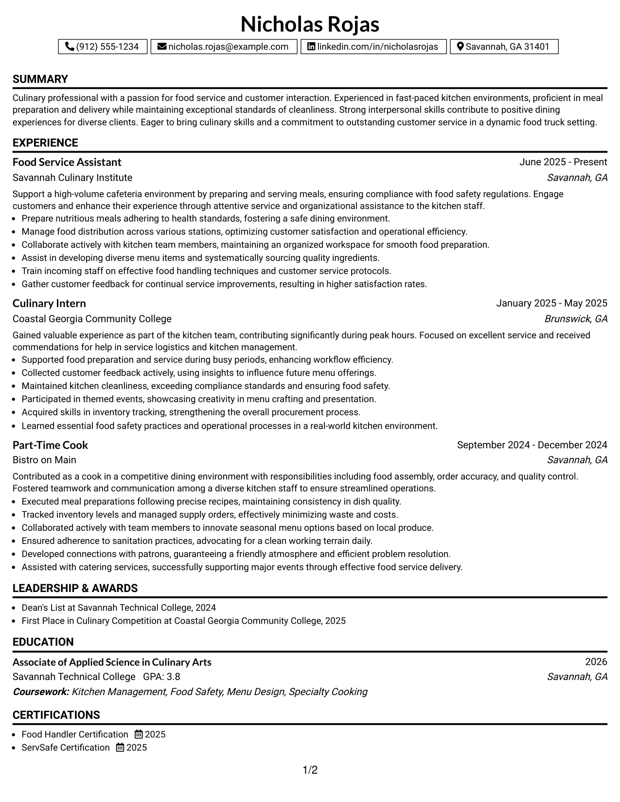 Resume Example Page 1