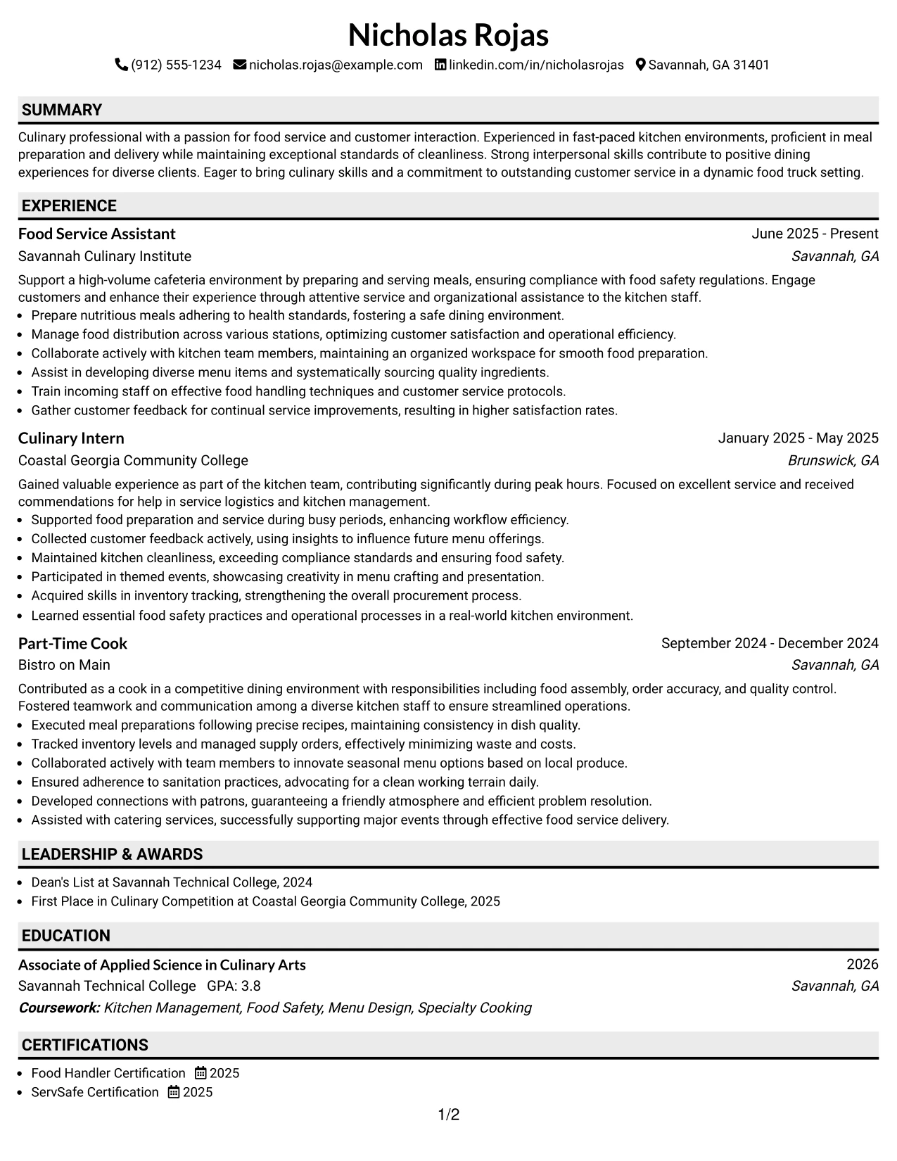 Resume Example Page 1