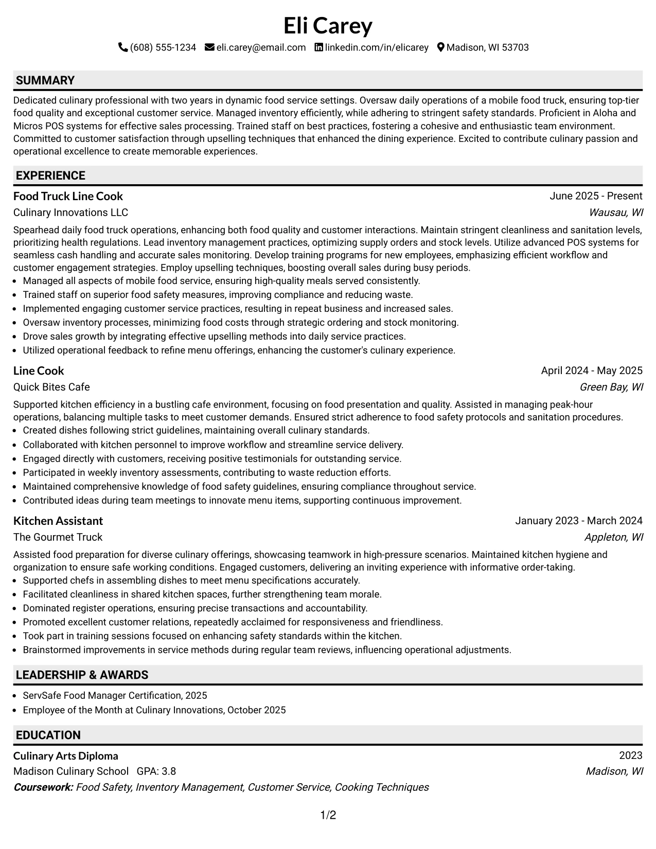 Resume Example Page 1