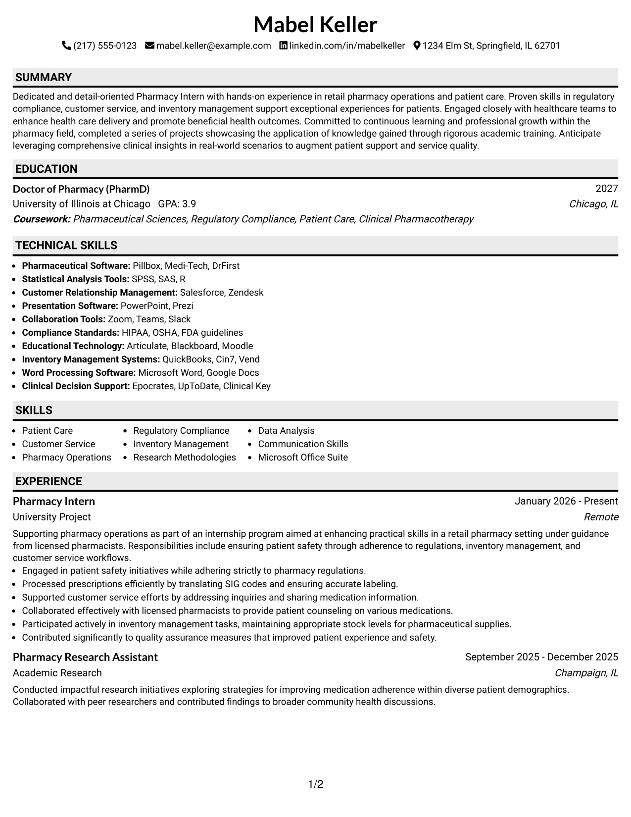 Resume Example Page 1