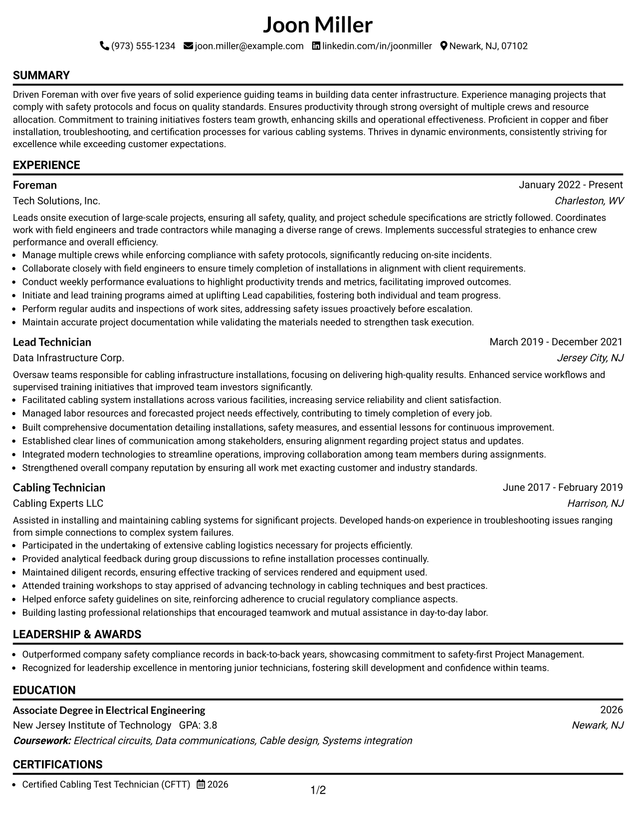 Resume Example Page 1
