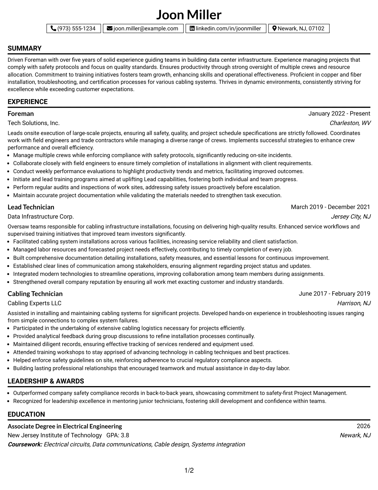 Resume Example Page 1
