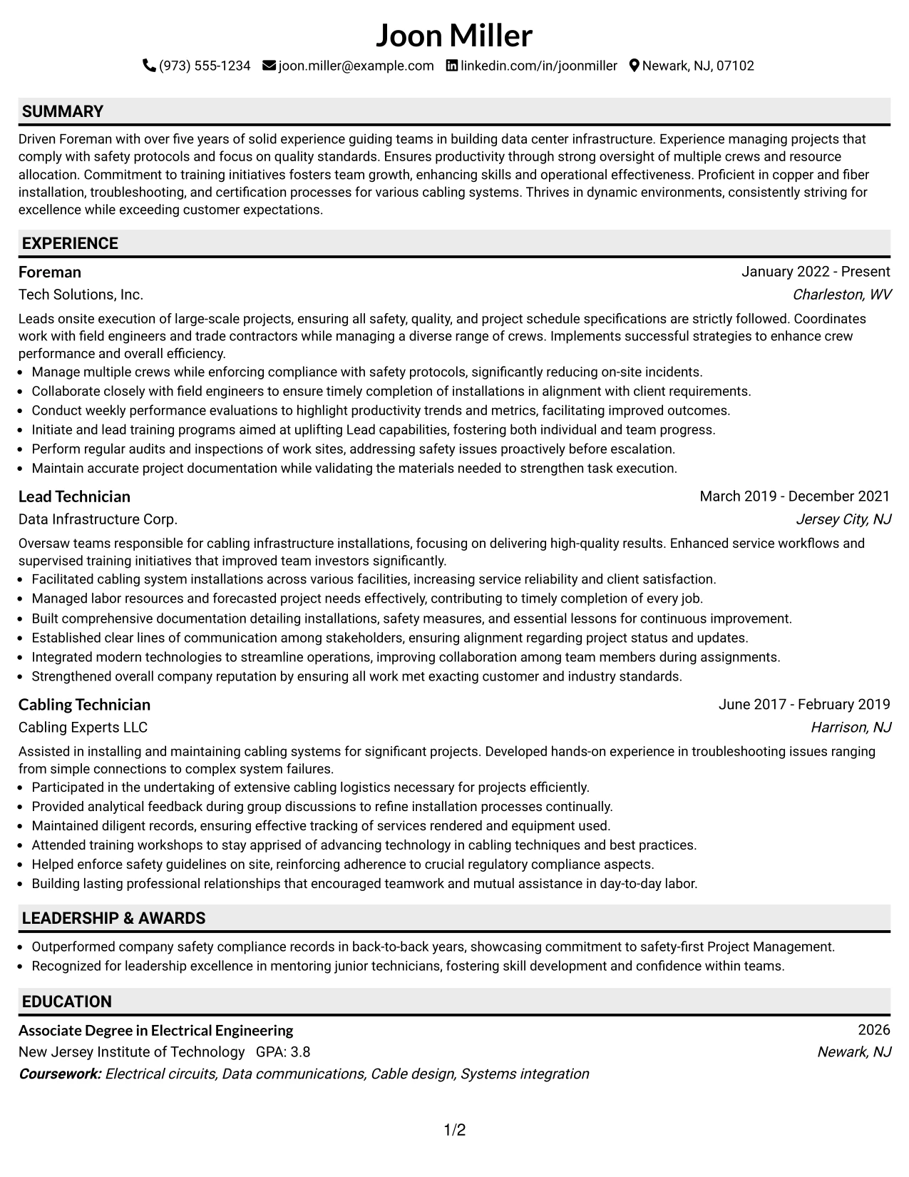 Resume Example Page 1