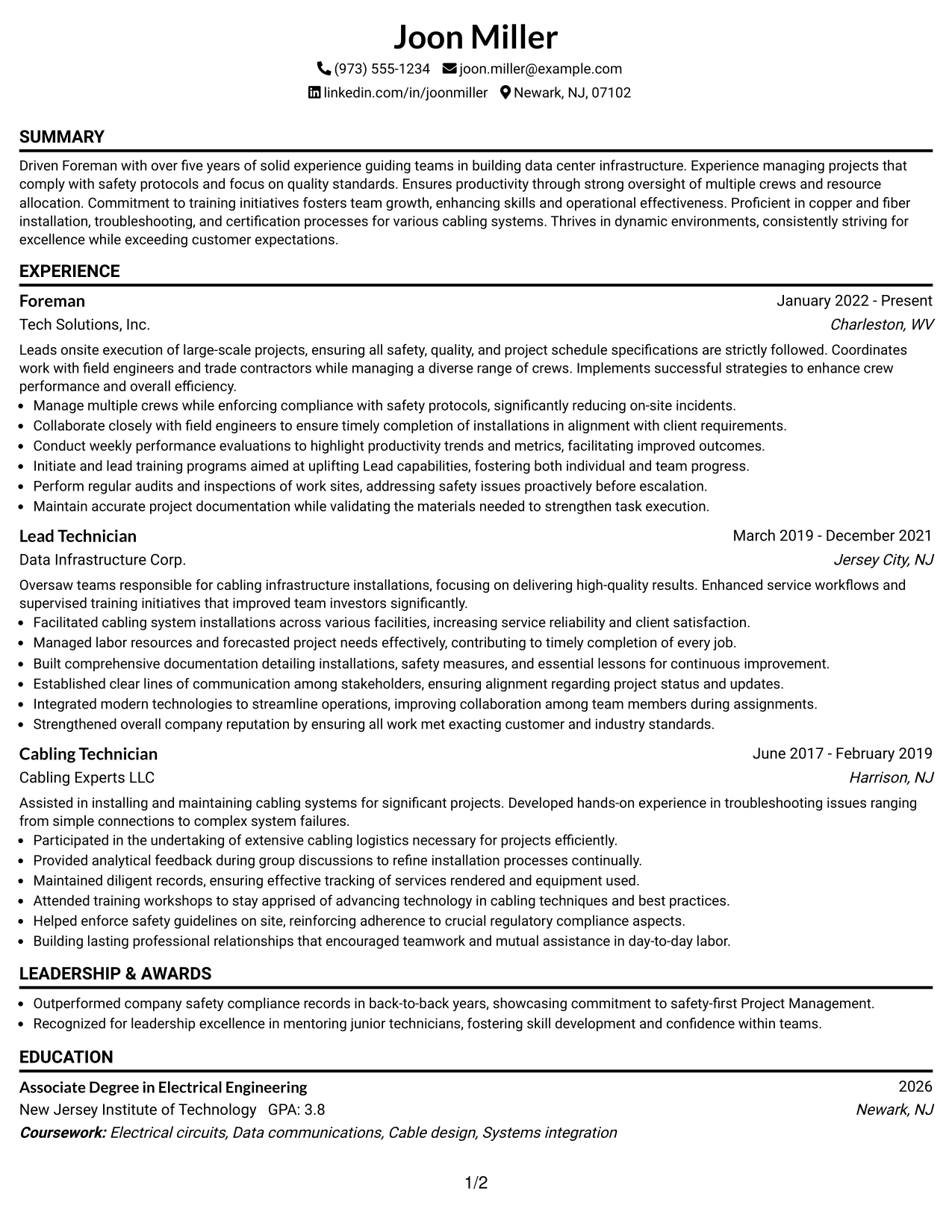 Resume Example Page 1