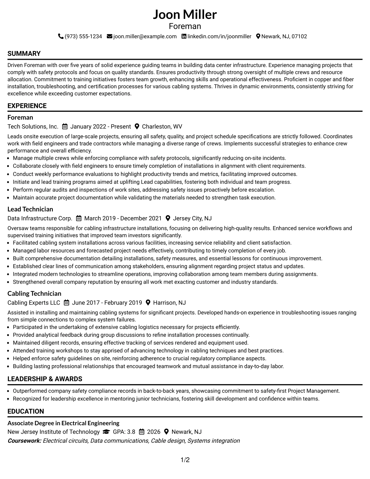 Resume Example Page 1