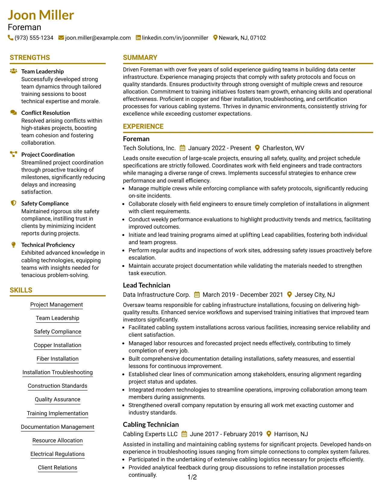 Resume Example Page 1