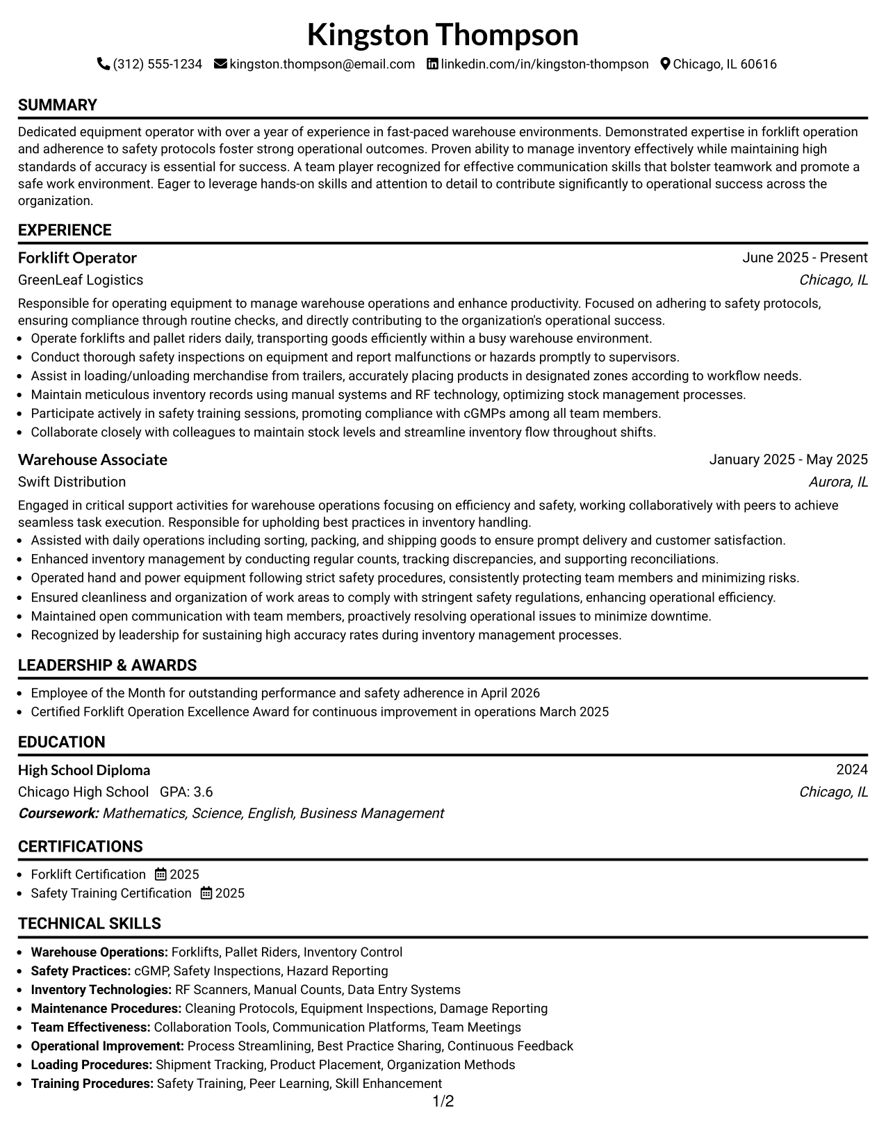 Resume Example Page 1