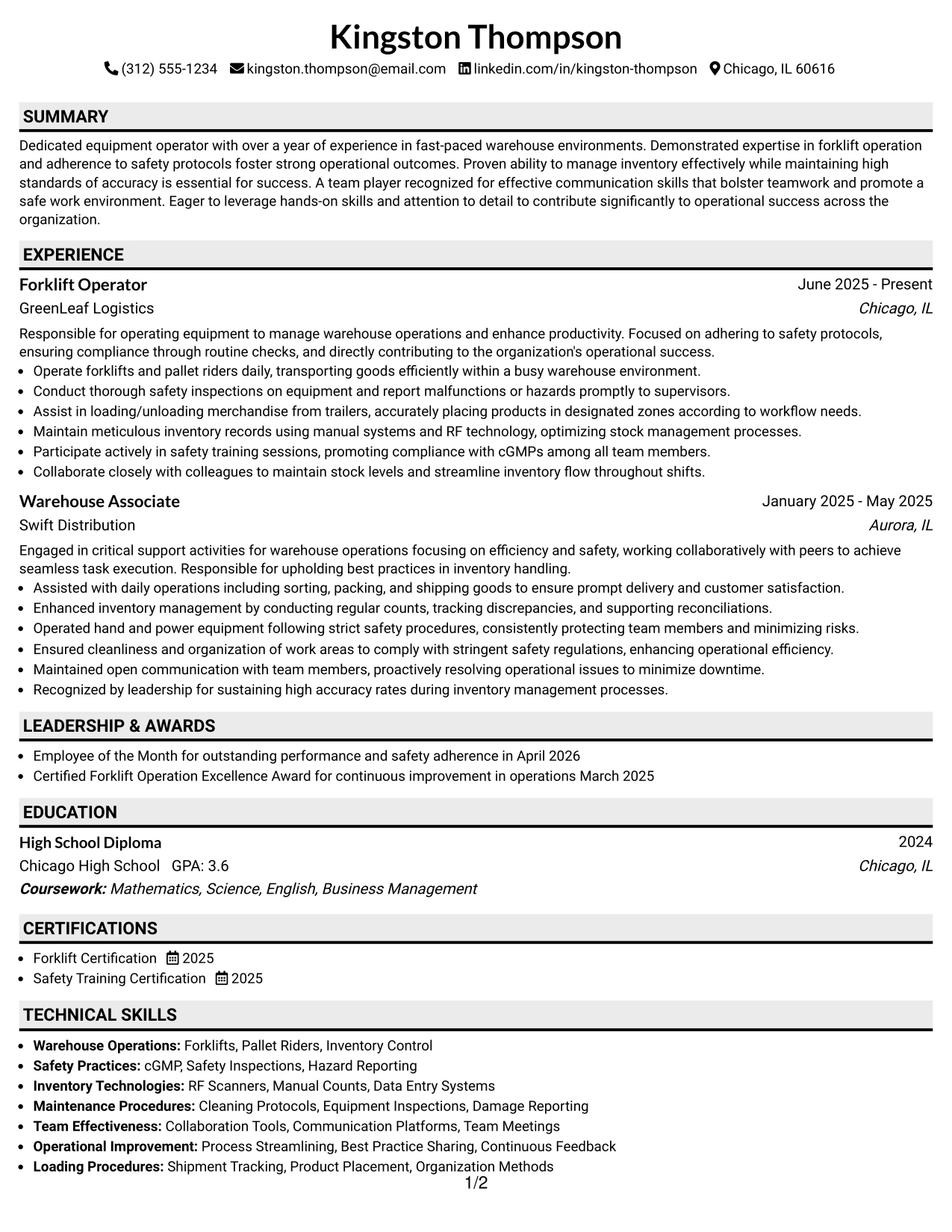 Resume Example Page 1
