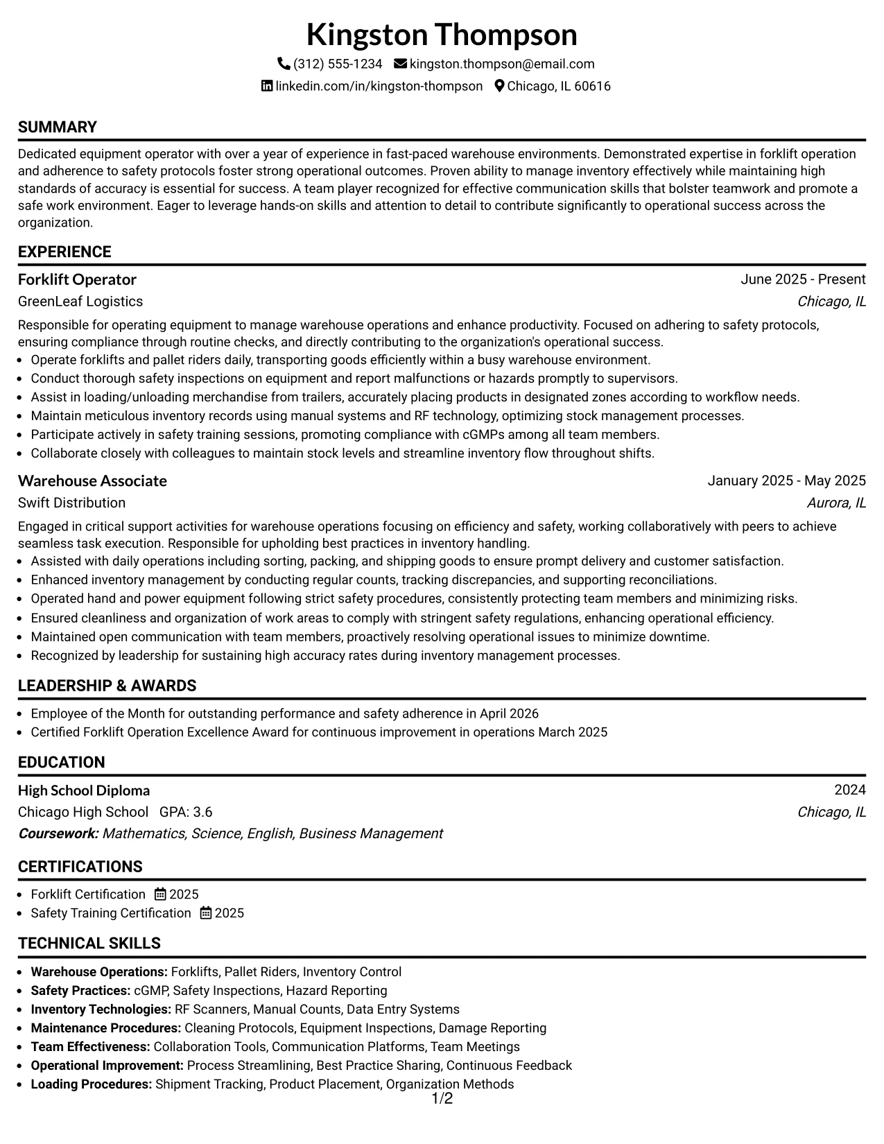 Resume Example Page 1