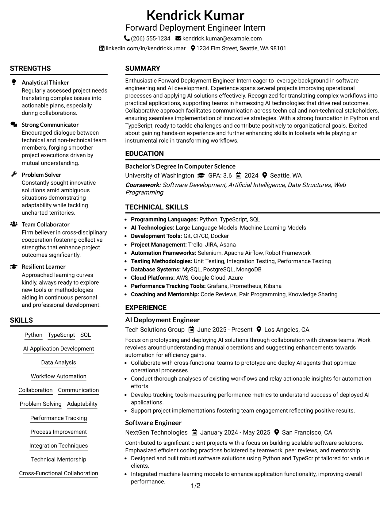 Resume Example Page 1