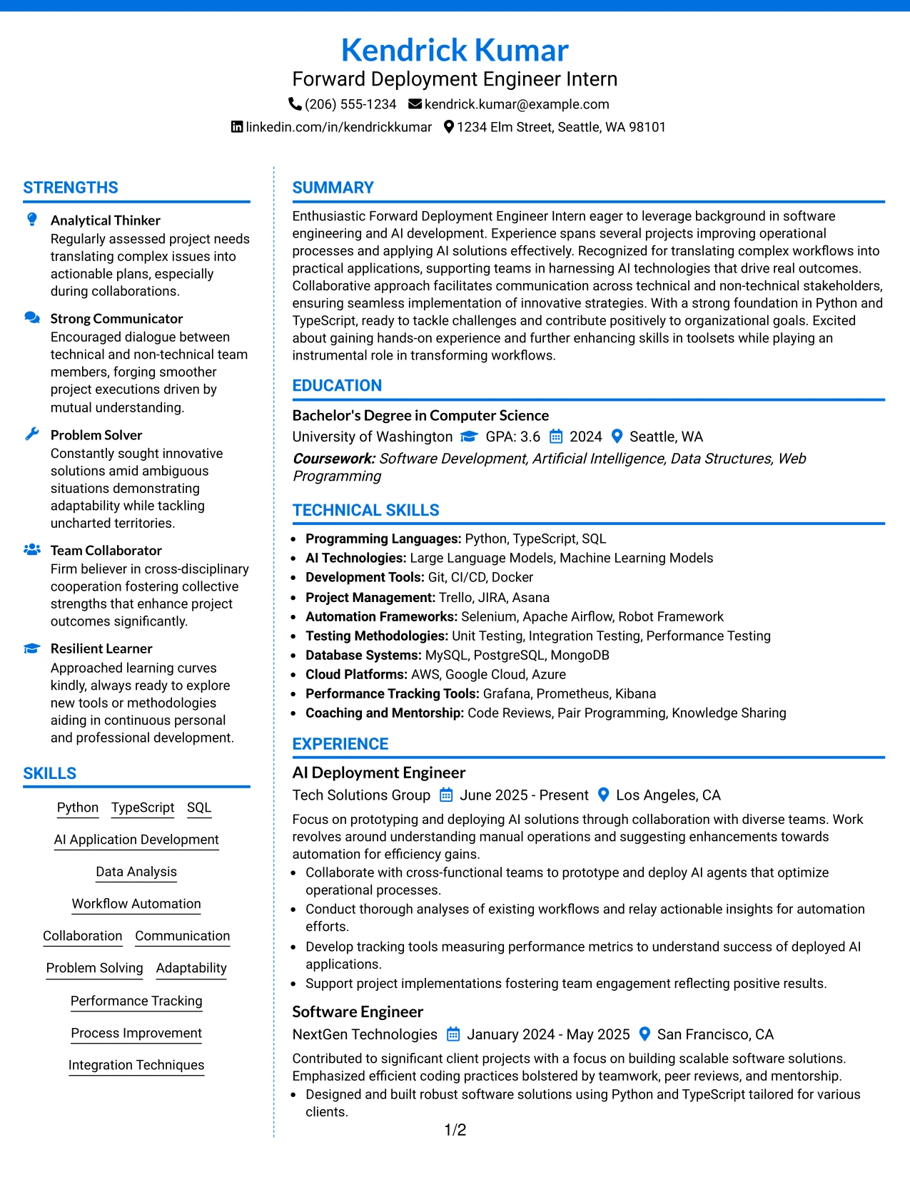 Resume Example Page 1