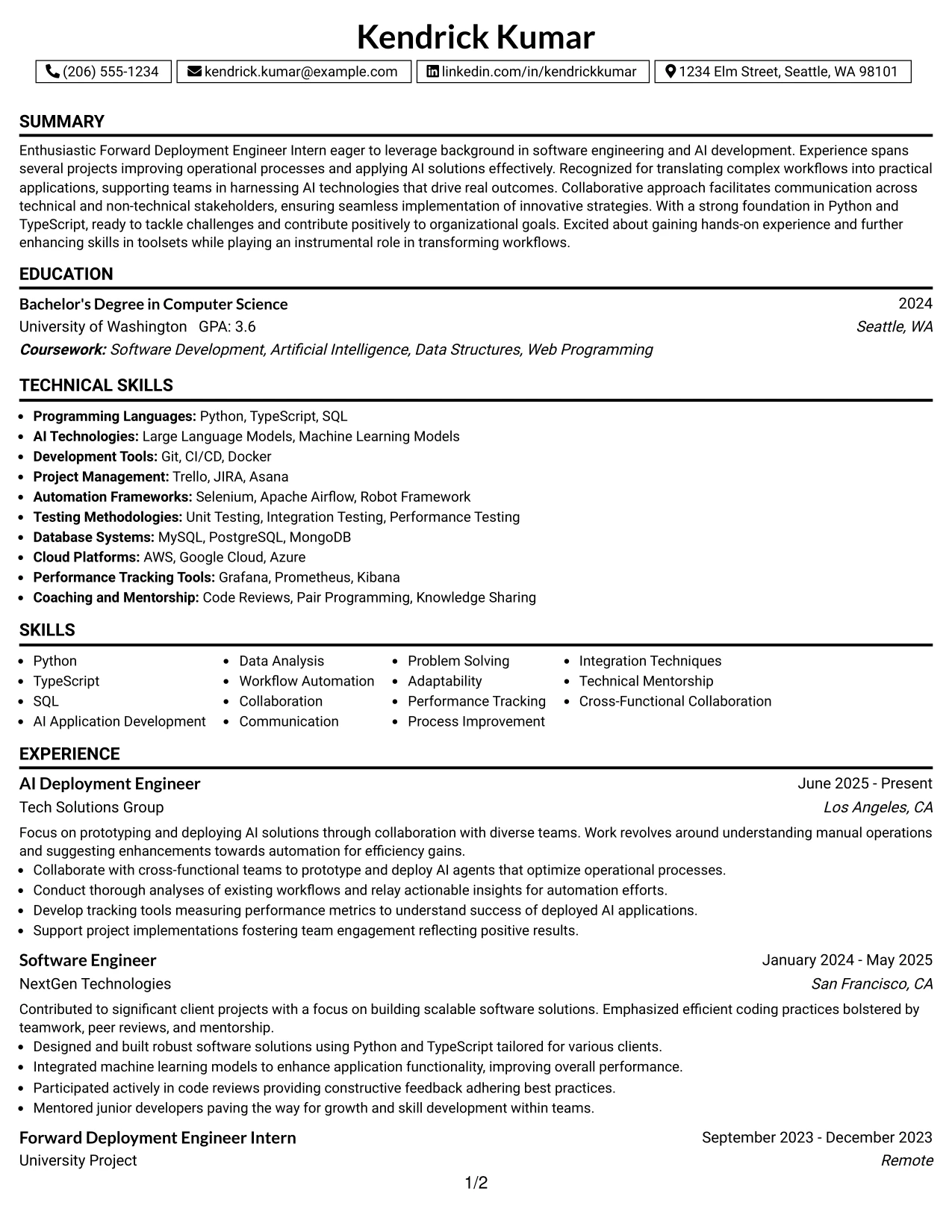 Resume Example Page 1