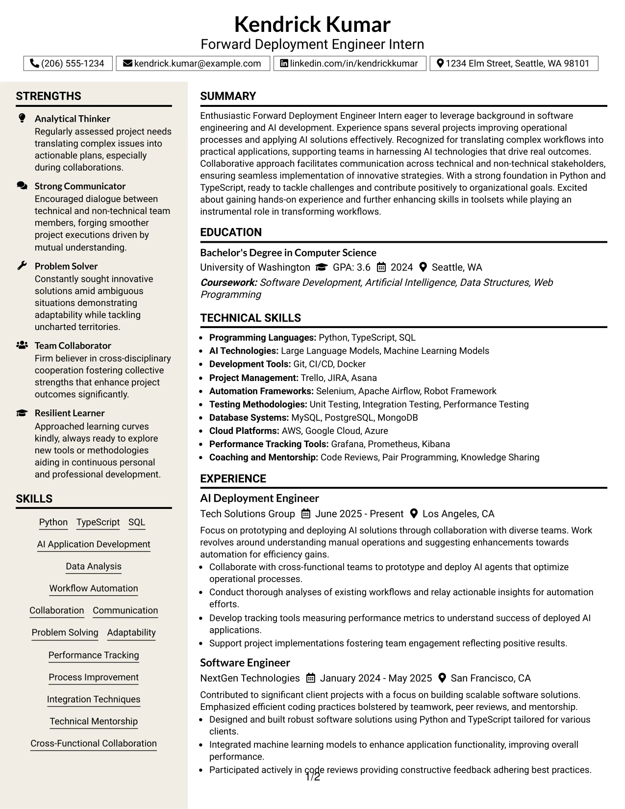 Resume Example Page 1