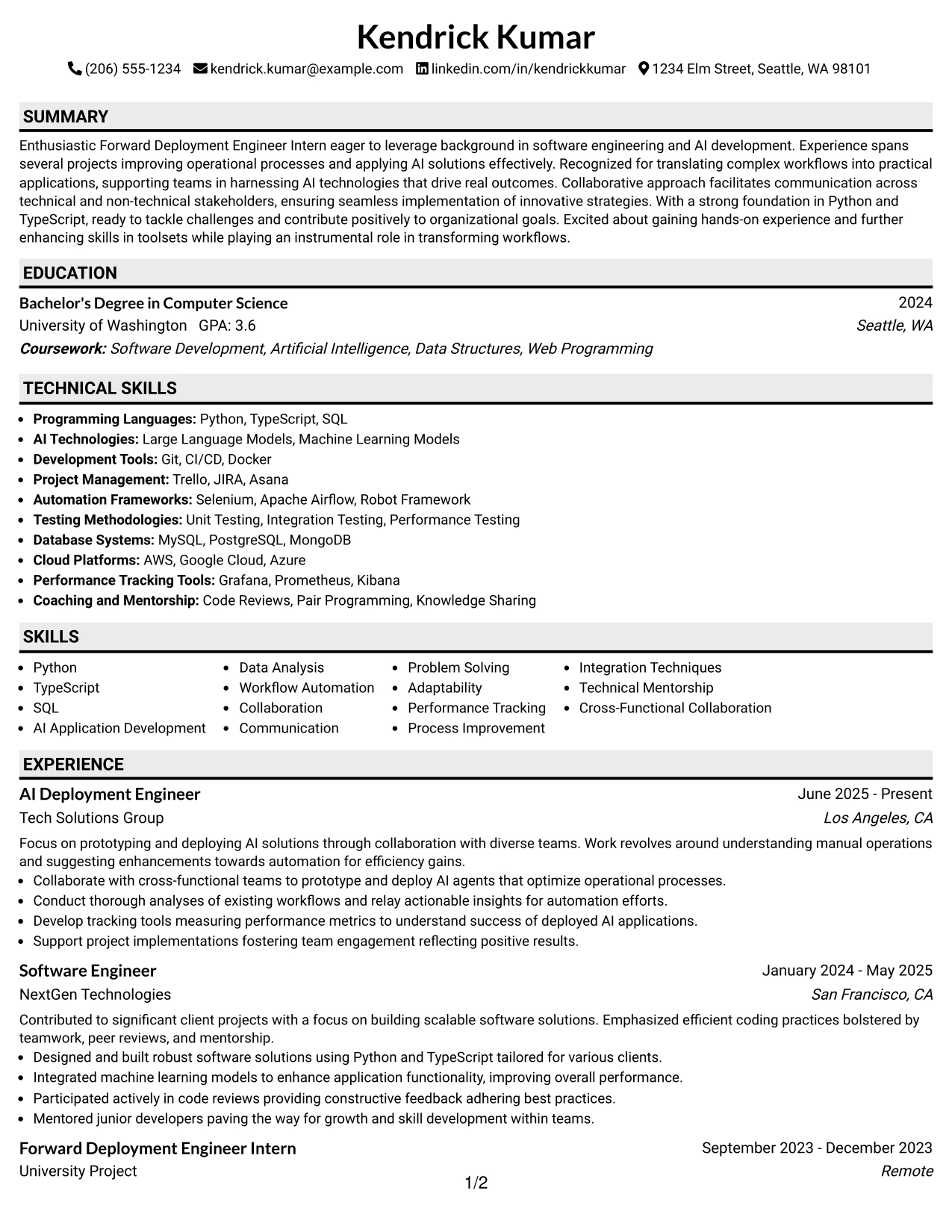 Resume Example Page 1
