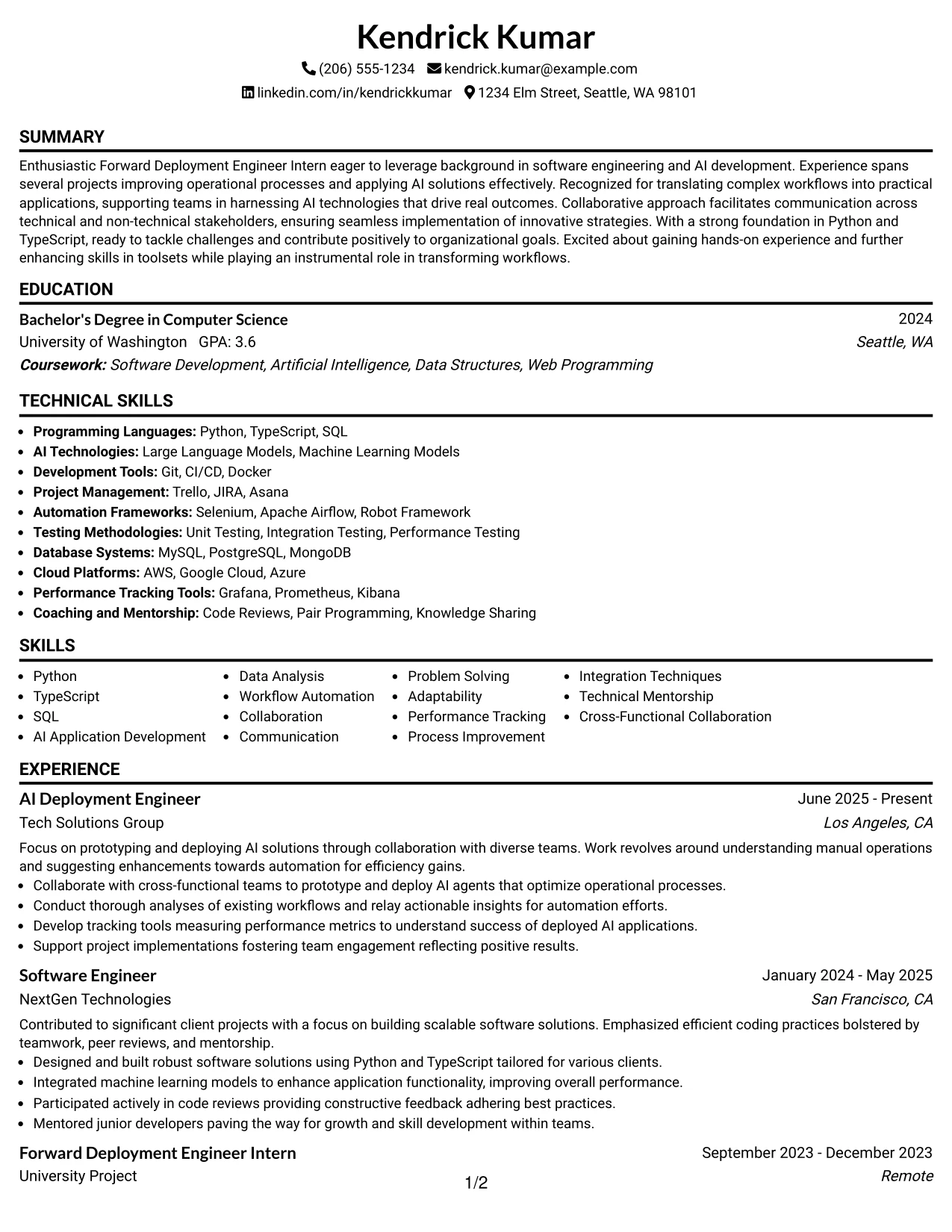 Resume Example Page 1