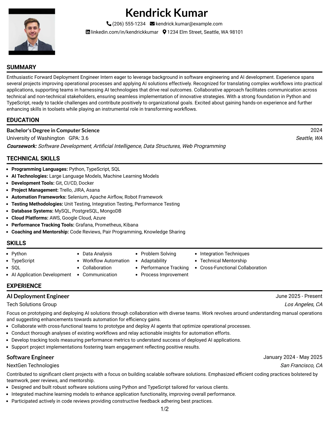 Resume Example Page 1