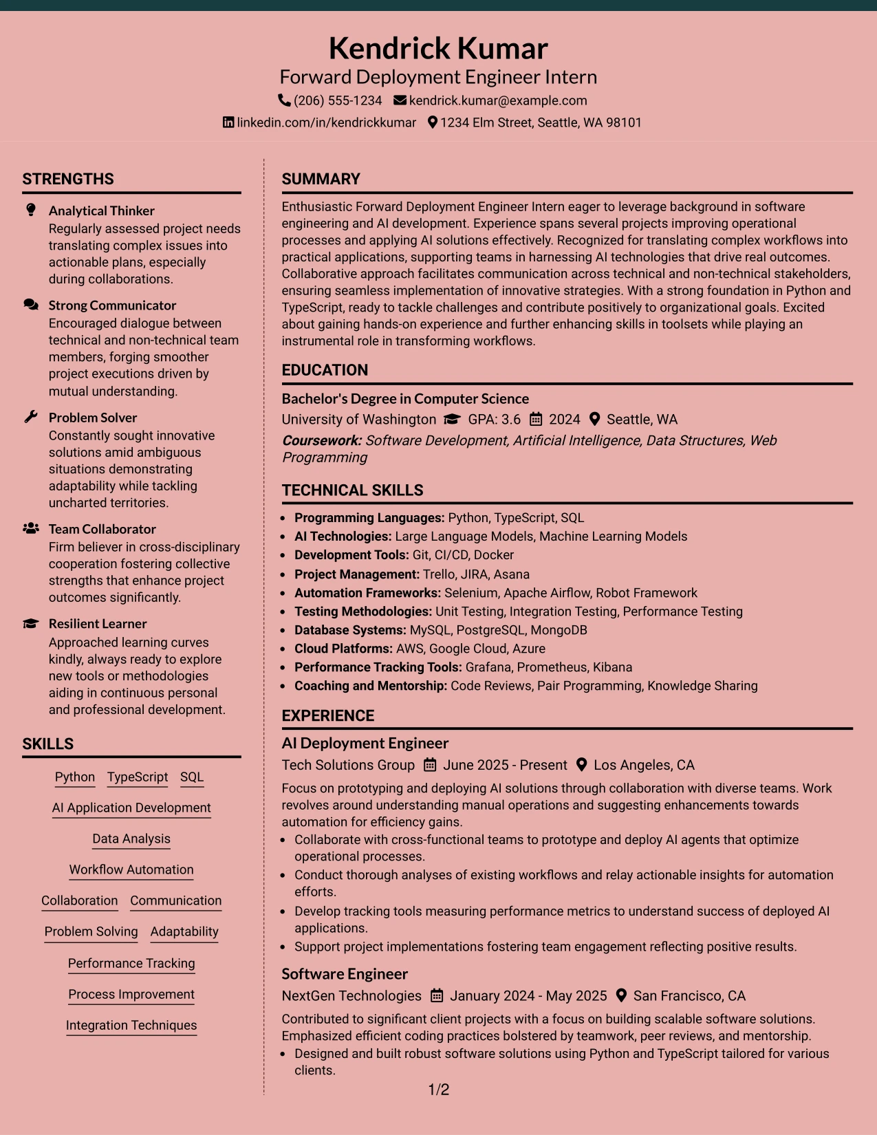 Resume Example Page 1