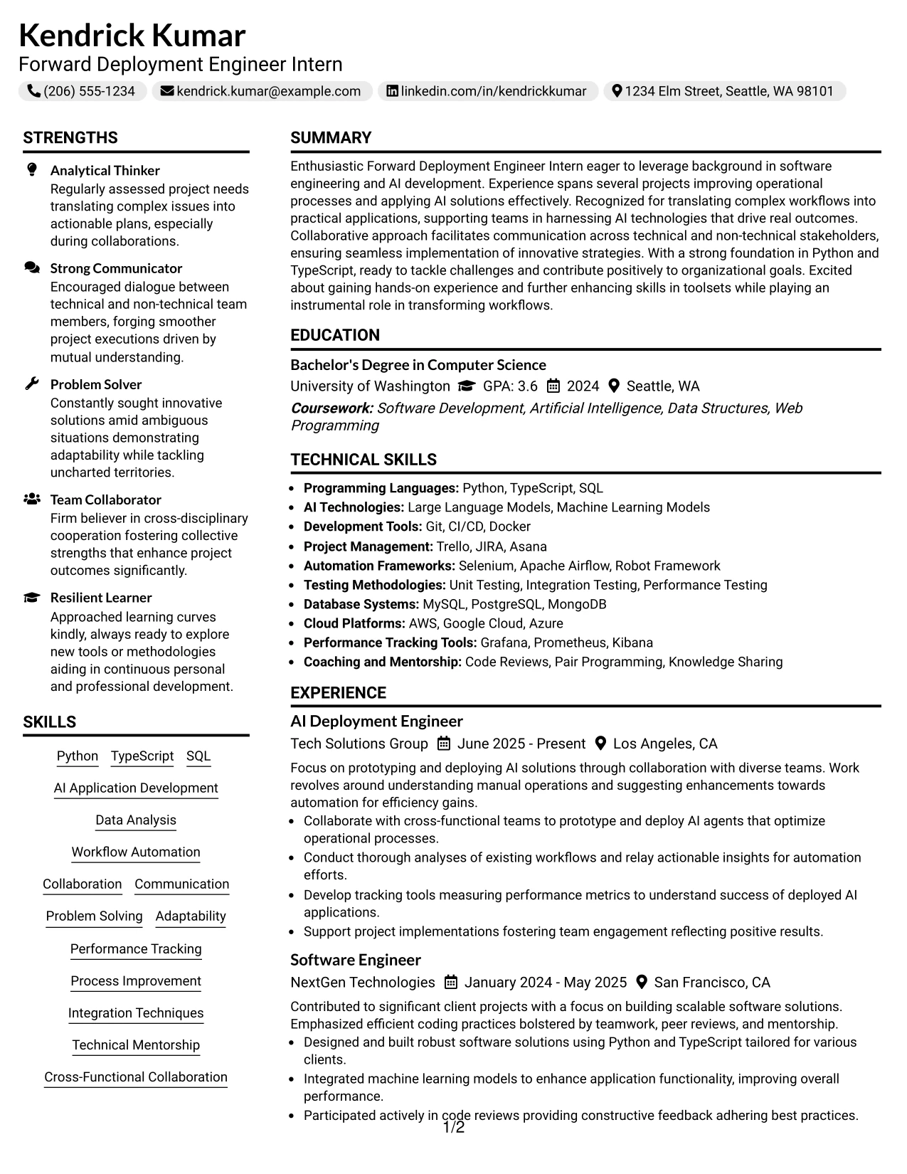 Resume Example Page 1
