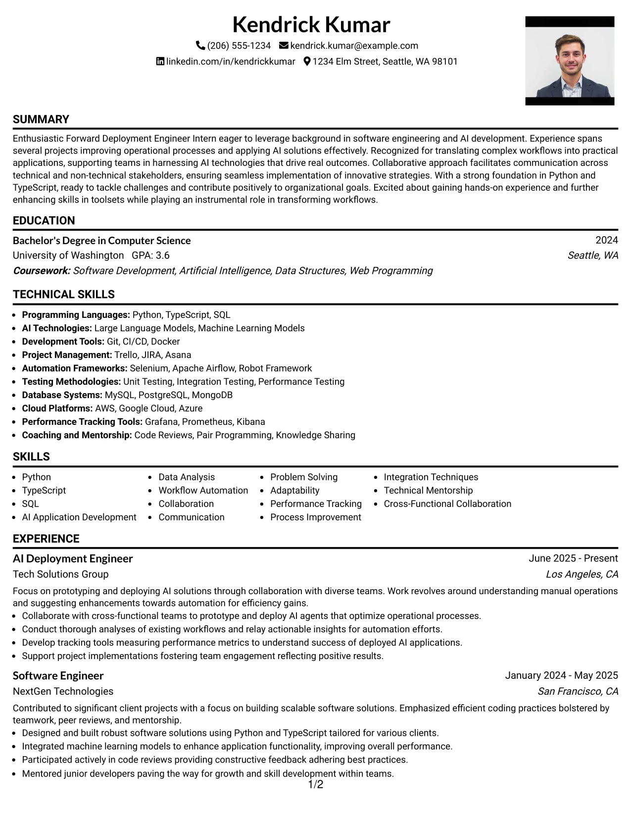 Resume Example Page 1