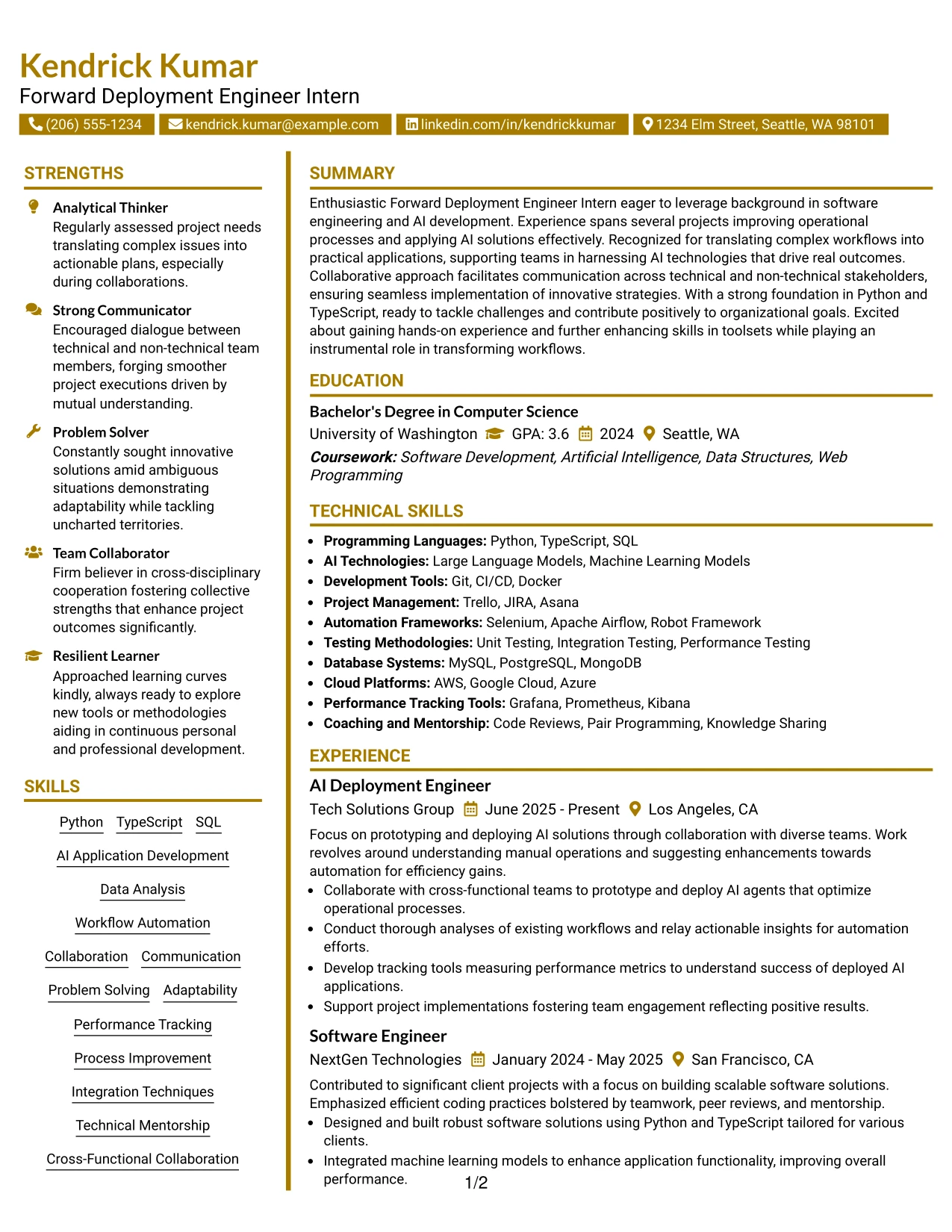 Resume Example Page 1