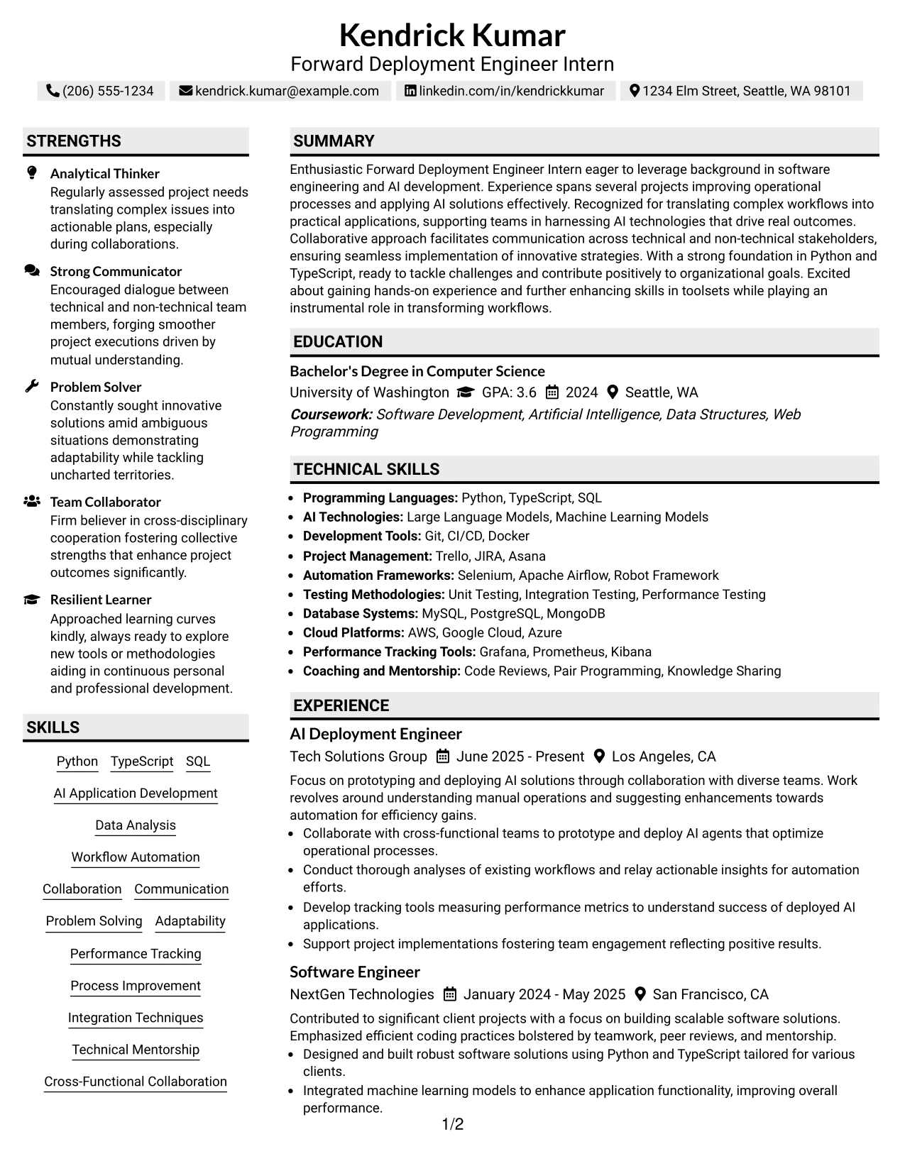 Resume Example Page 1