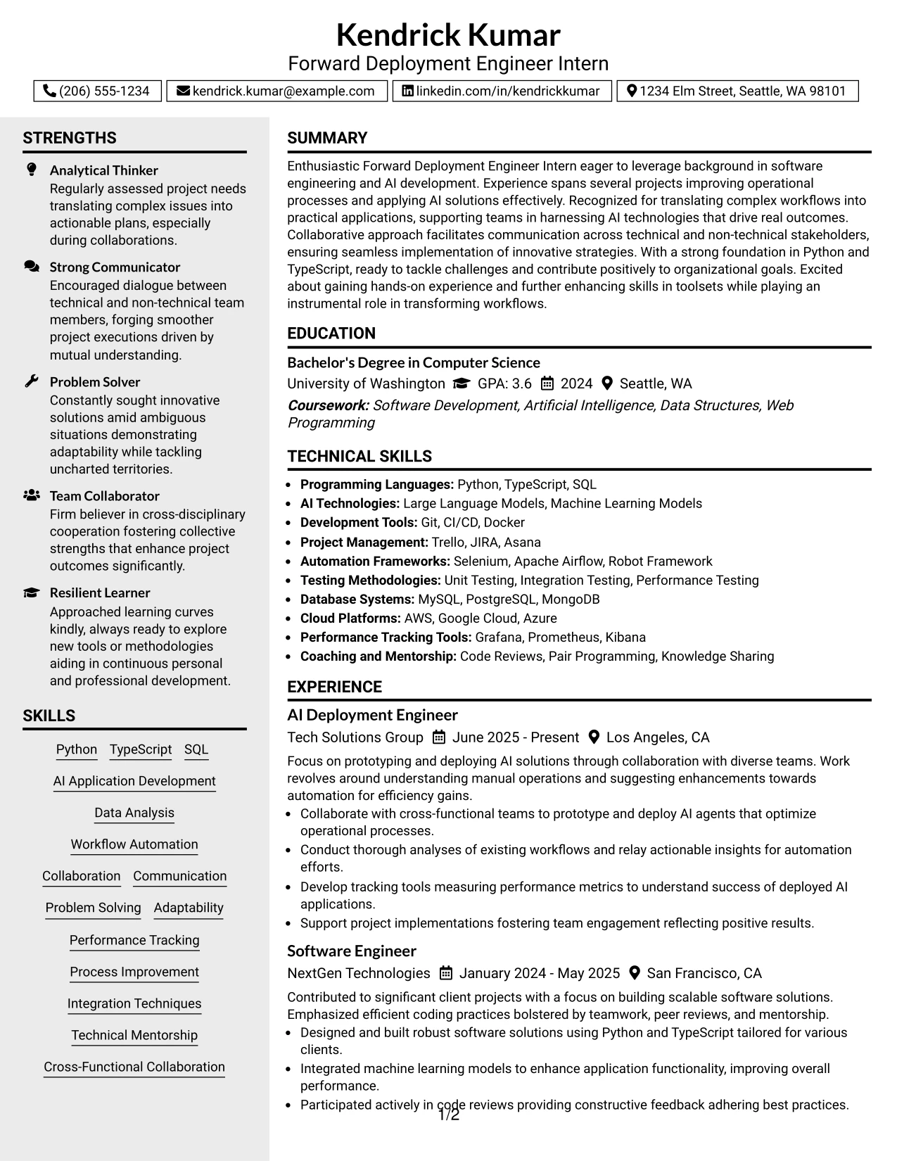 Resume Example Page 1
