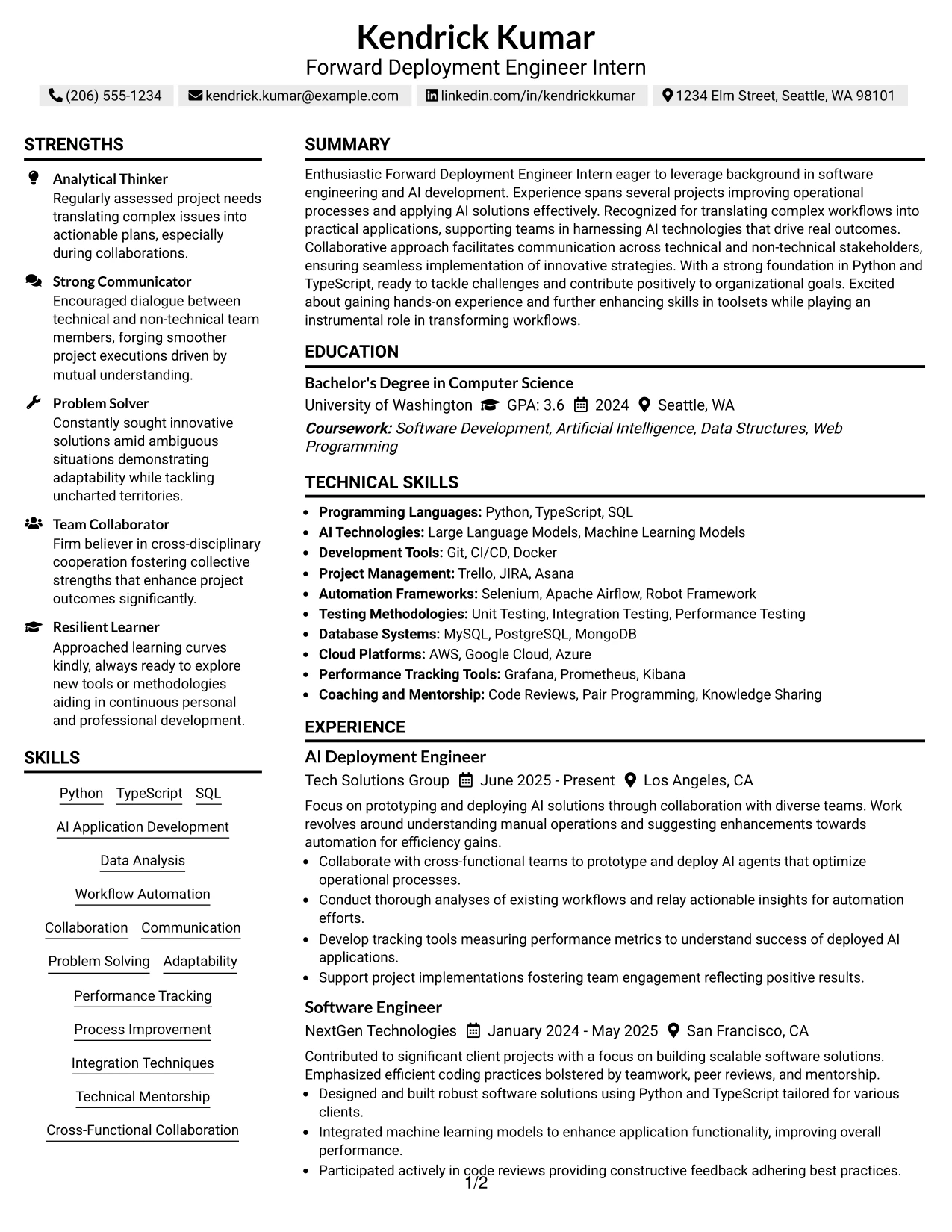Resume Example Page 1