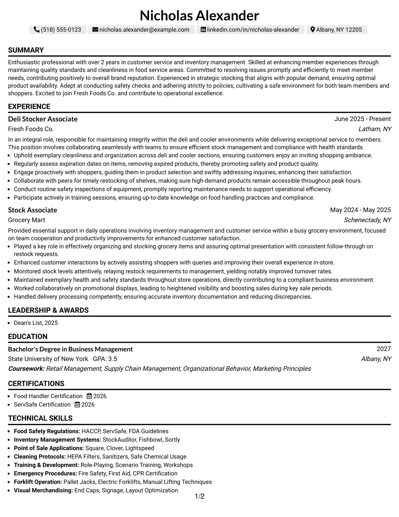Resume Example Page 1