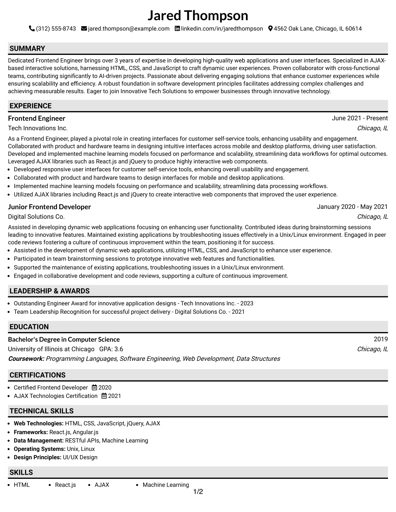 Resume Example Page 1