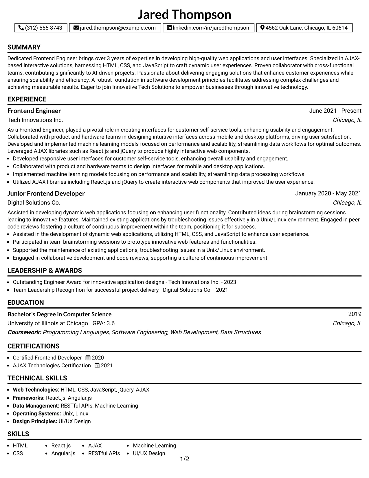 Resume Example Page 1