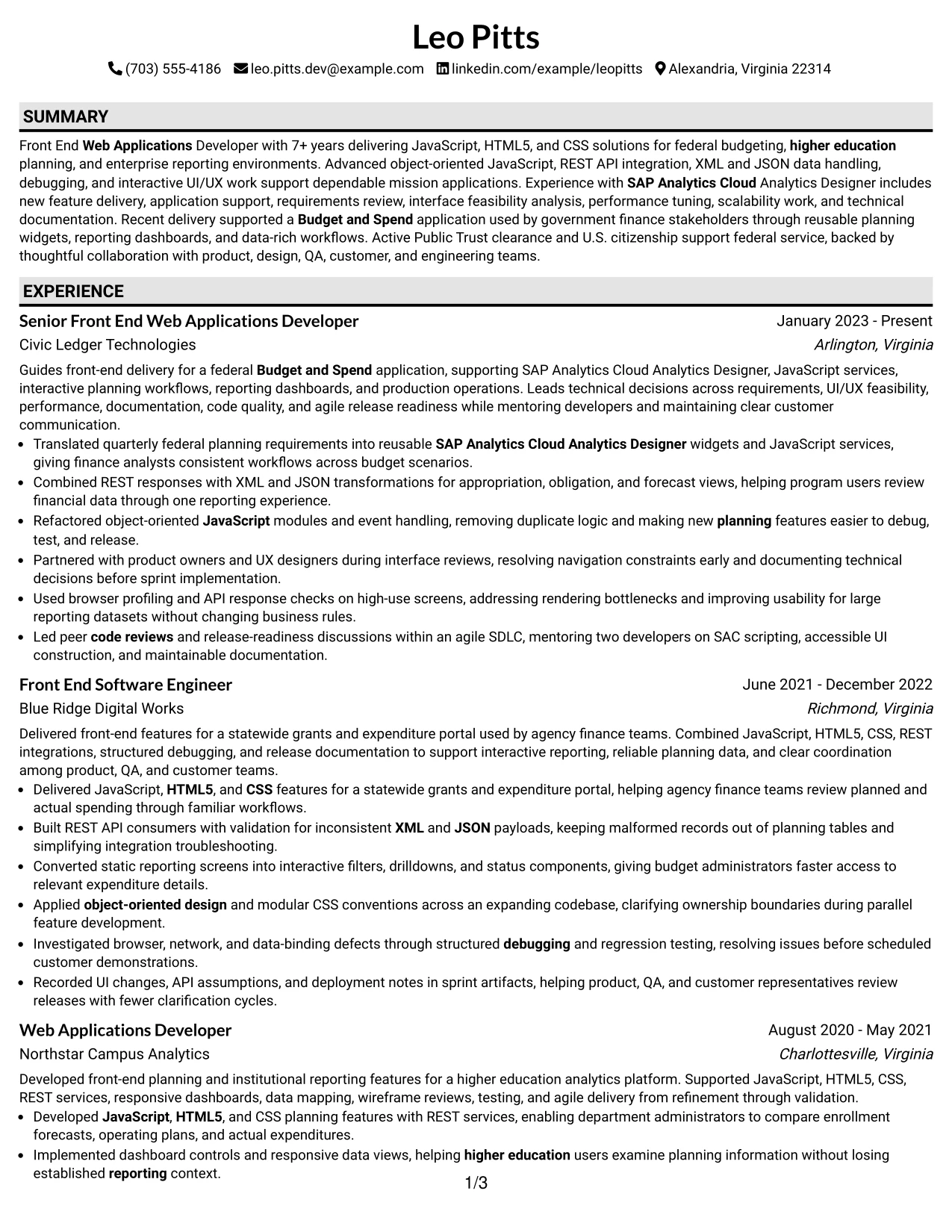 Resume Example Page 1