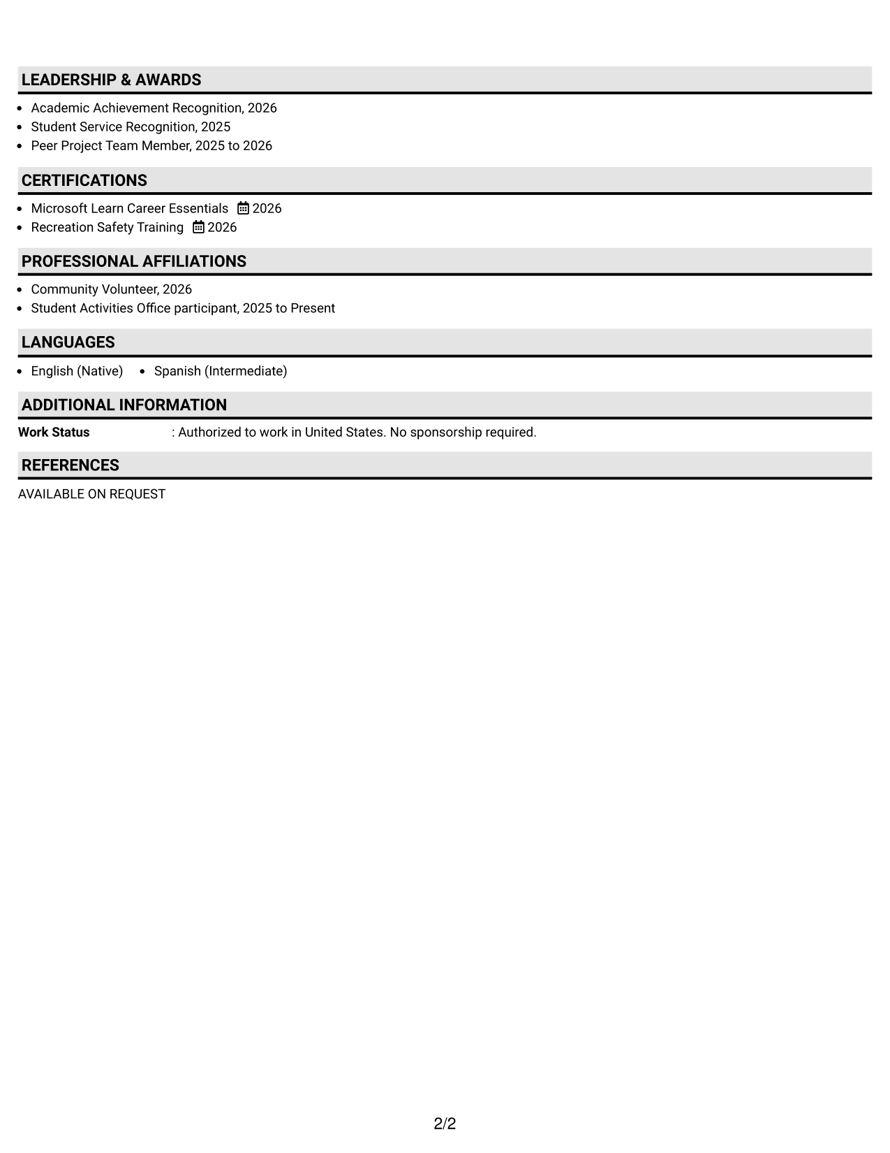 Resume Example Page 2