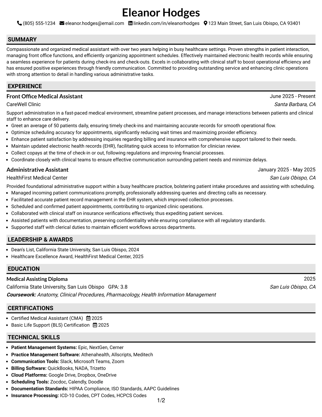 Resume Example Page 1
