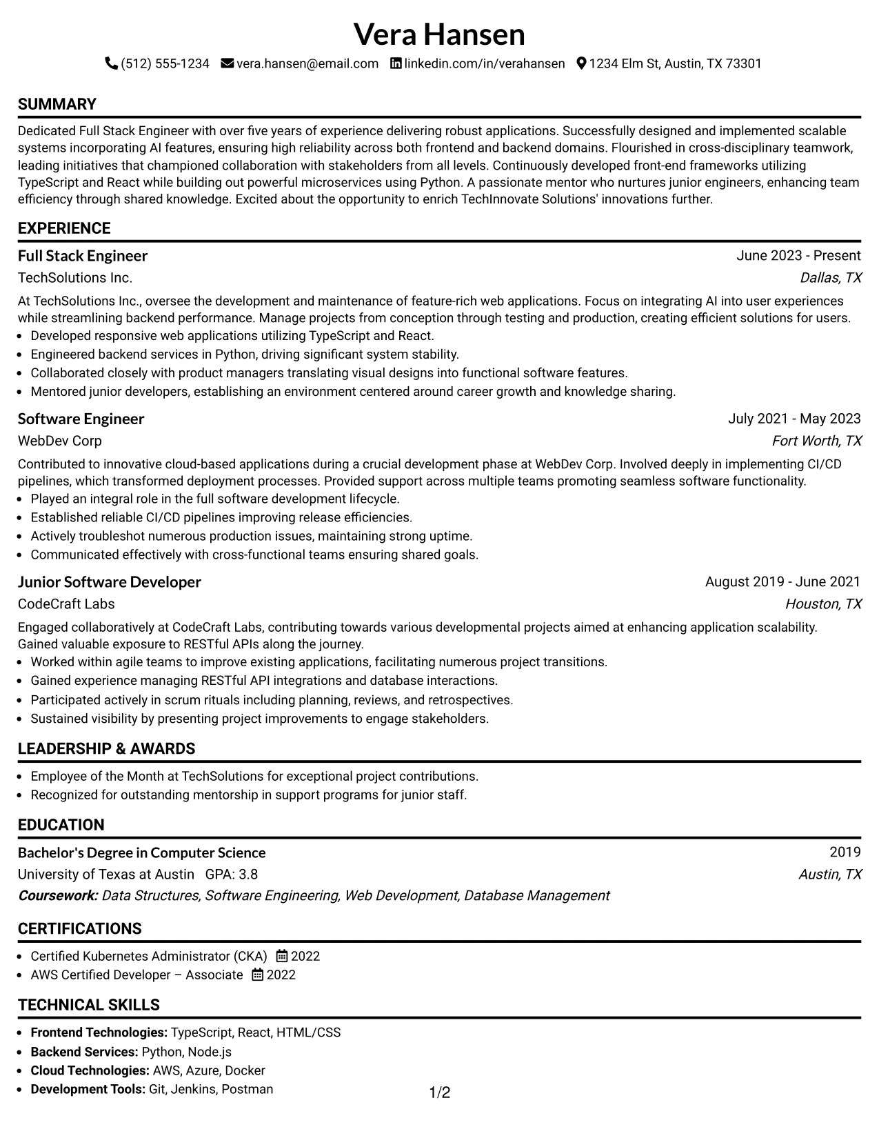 Resume Example Page 1