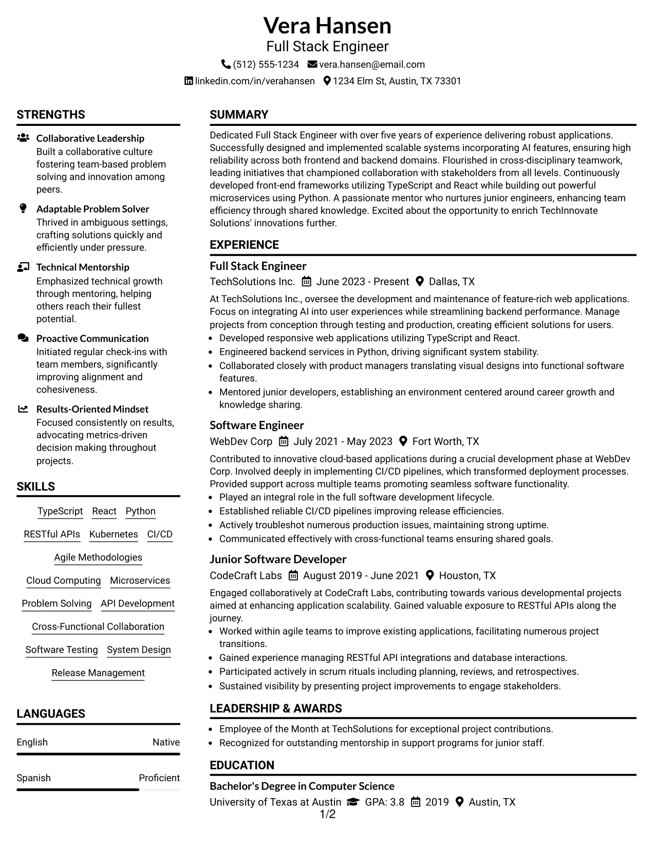 Resume Example Page 1