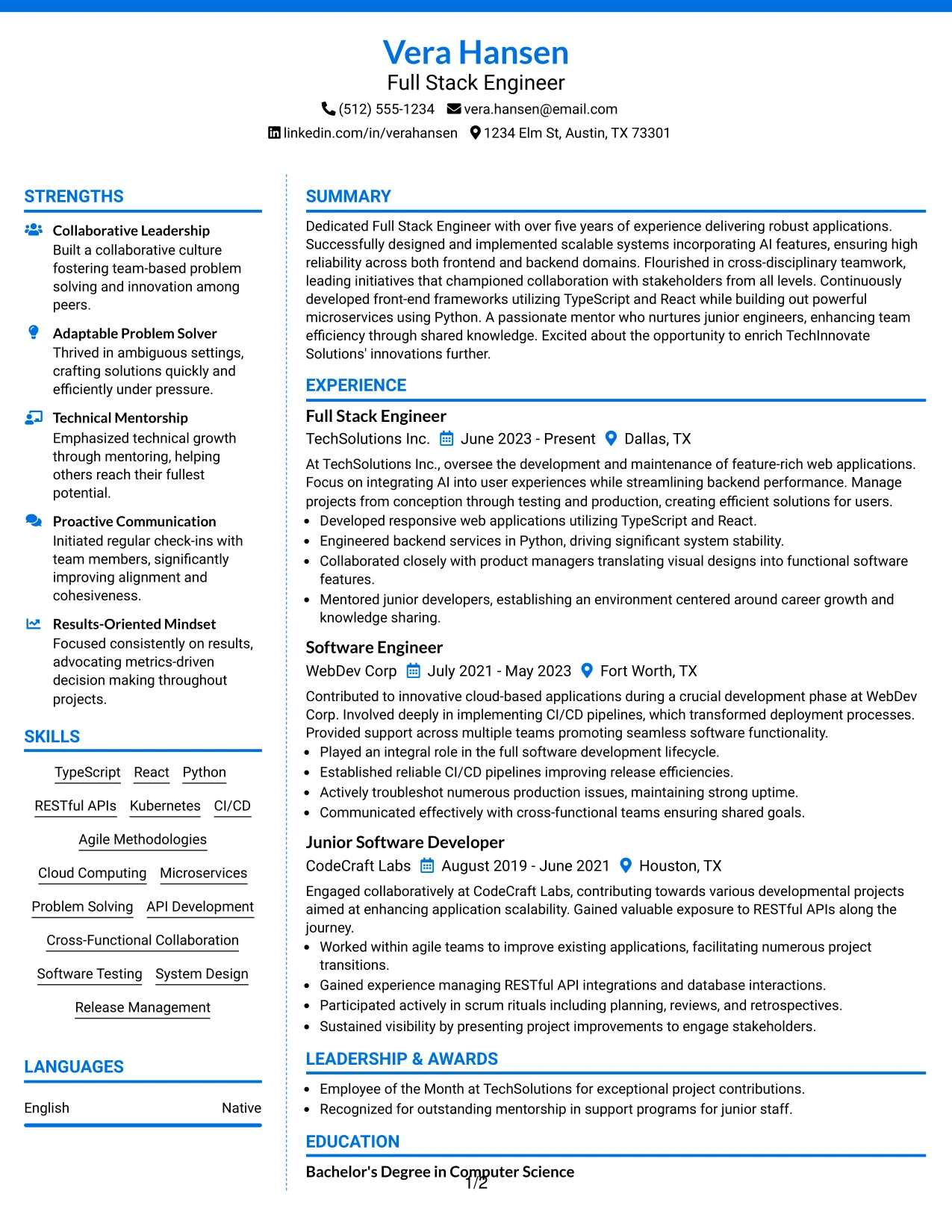 Resume Example Page 1