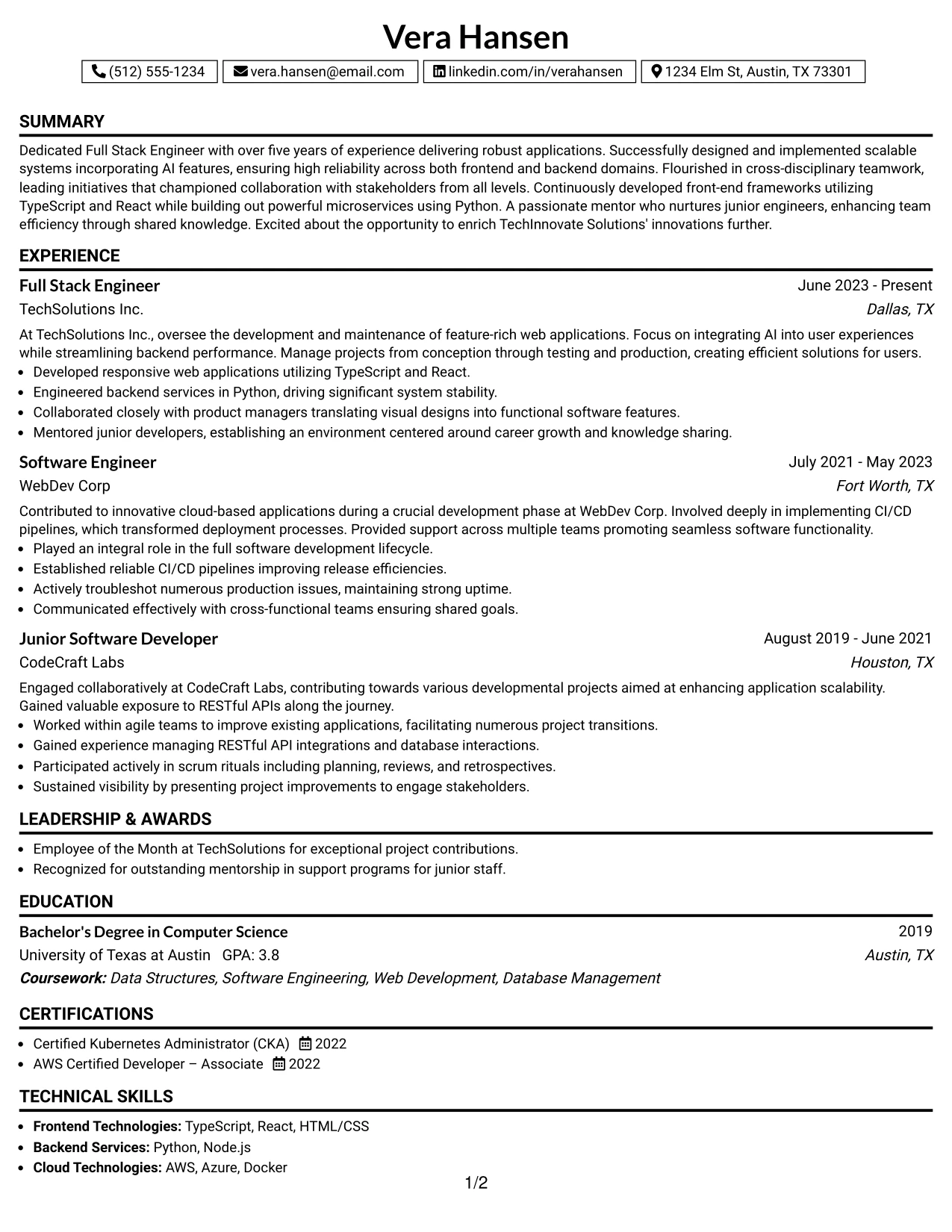 Resume Example Page 1