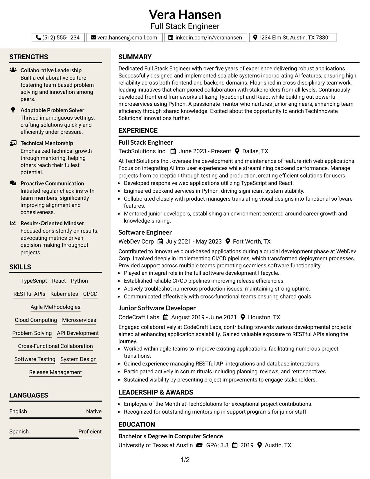 Resume Example Page 1