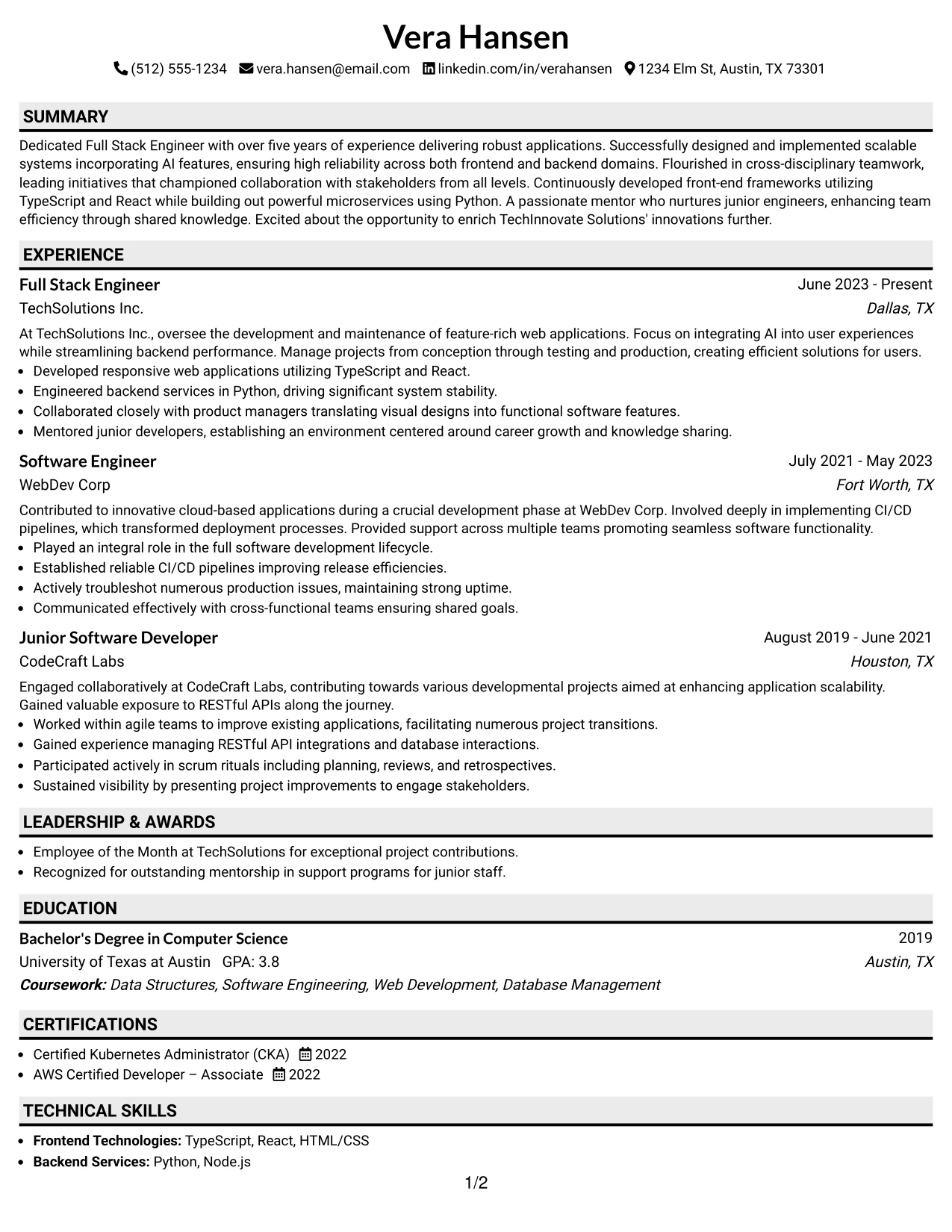 Resume Example Page 1
