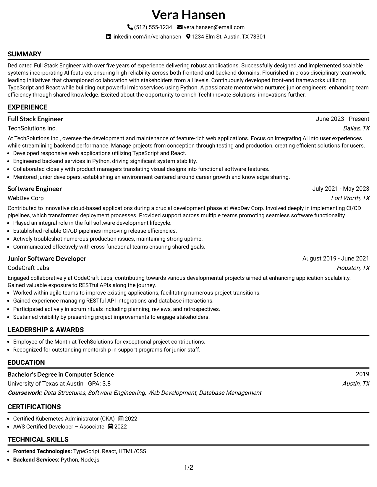 Resume Example Page 1