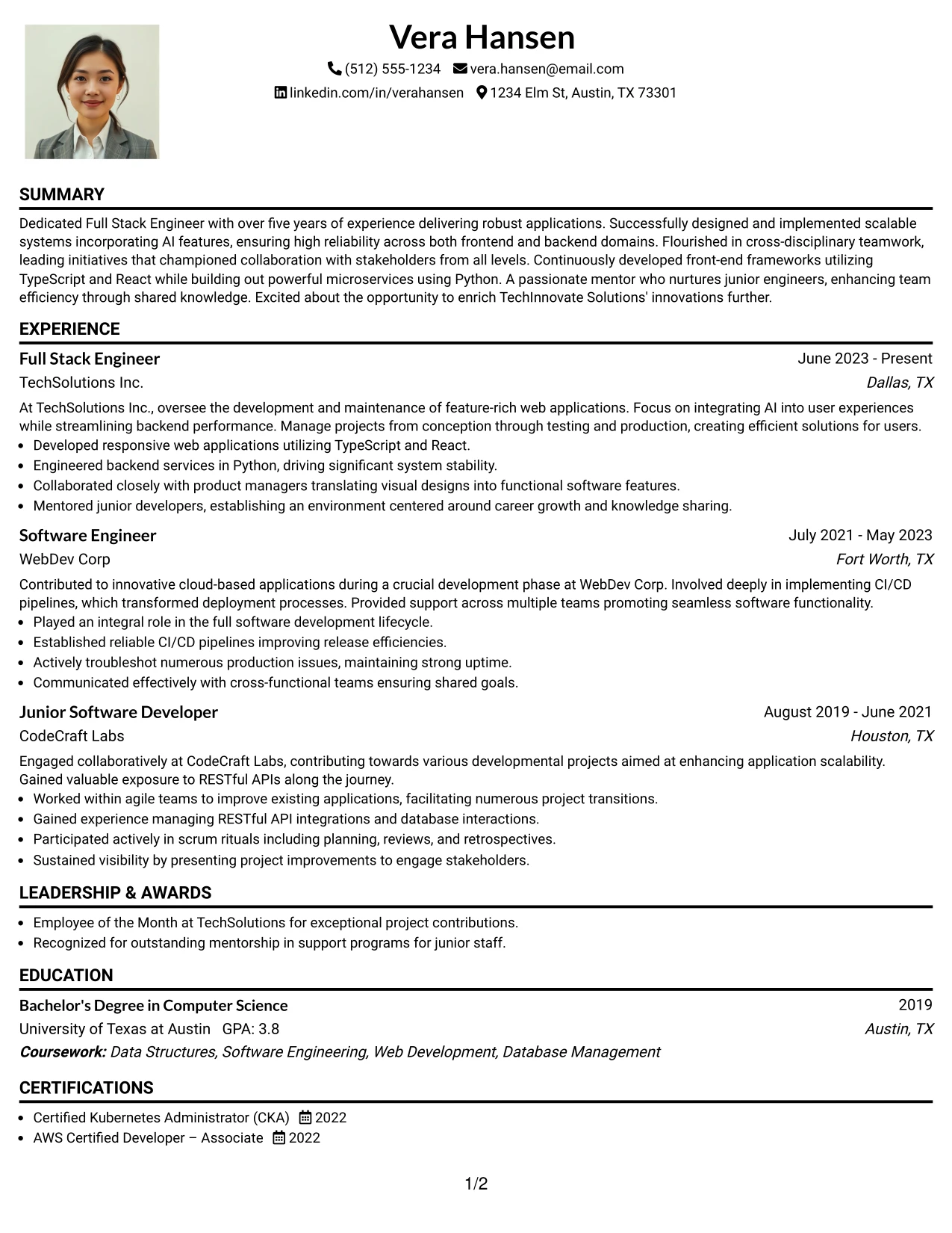 Resume Example Page 1