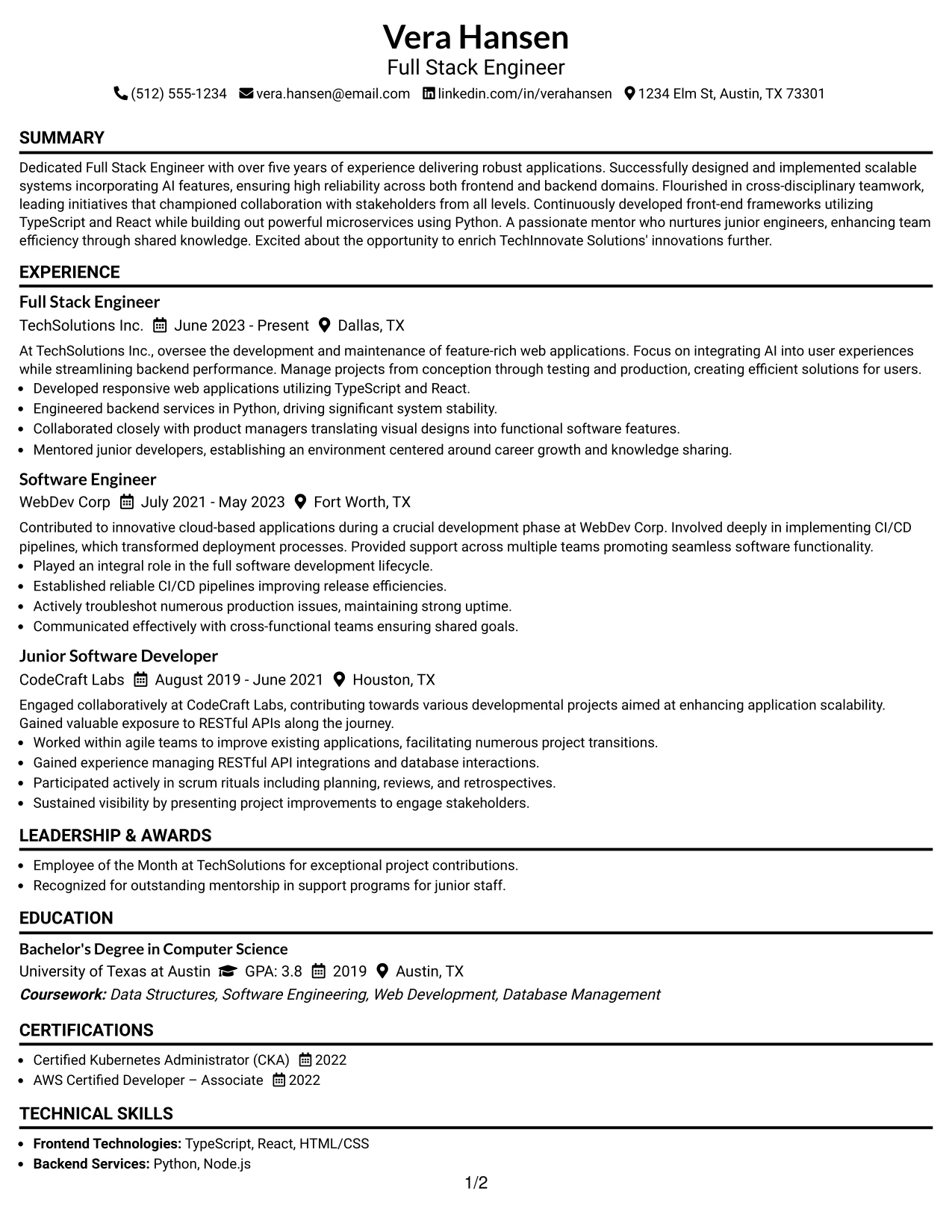Resume Example Page 1