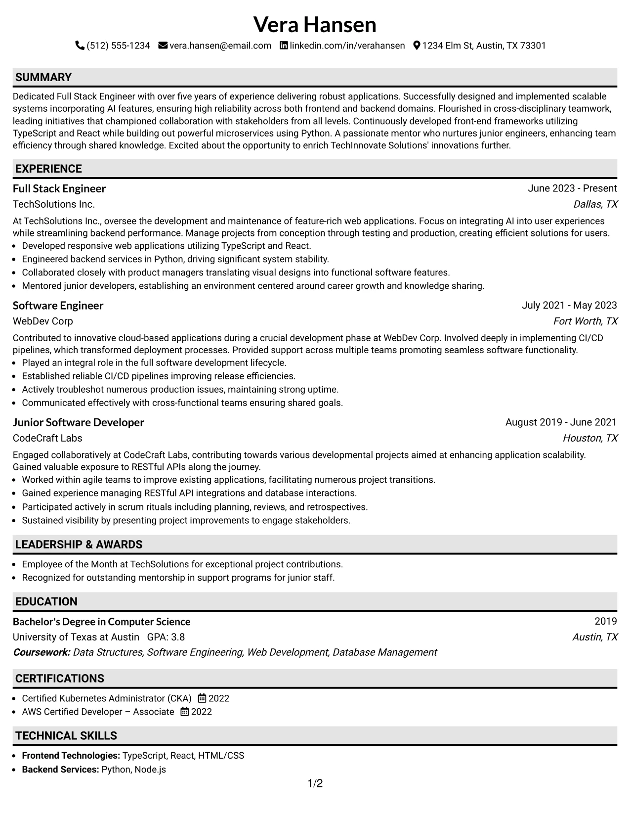Resume Example Page 1