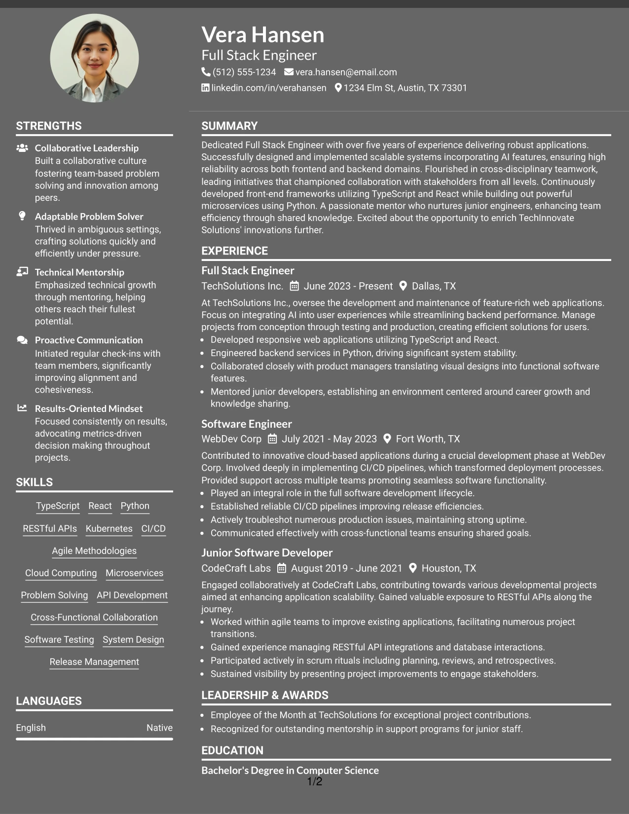 Resume Example Page 1
