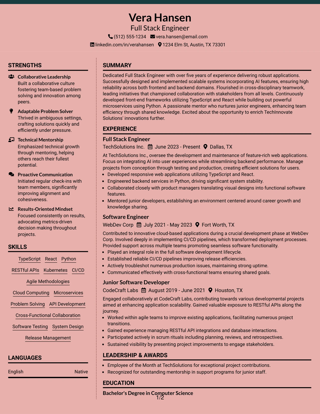 Resume Example Page 1