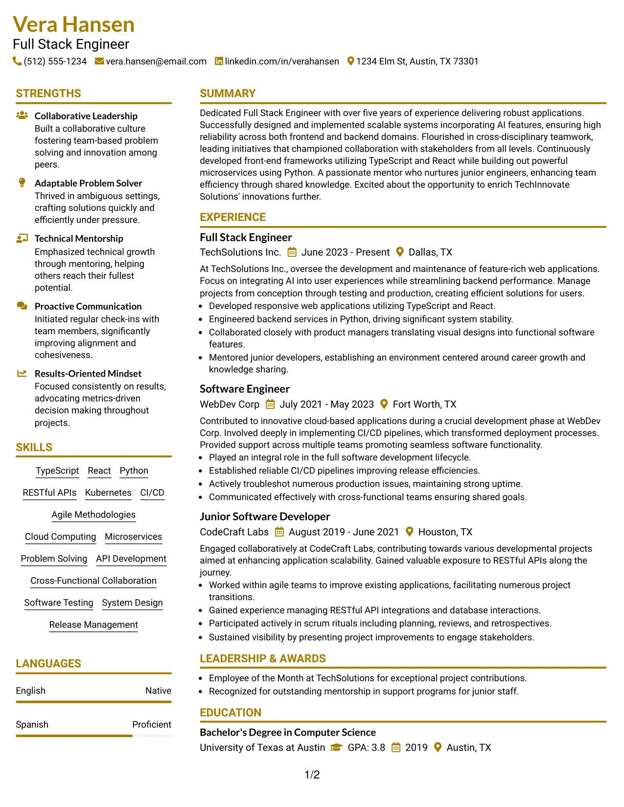 Resume Example Page 1
