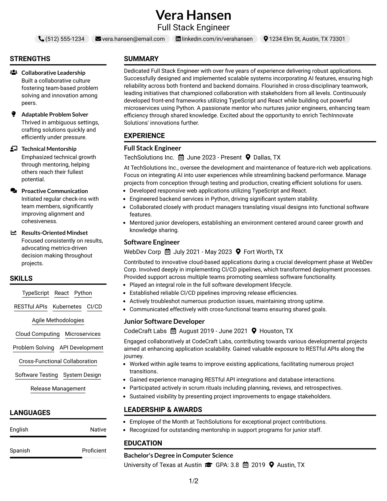 Resume Example Page 1