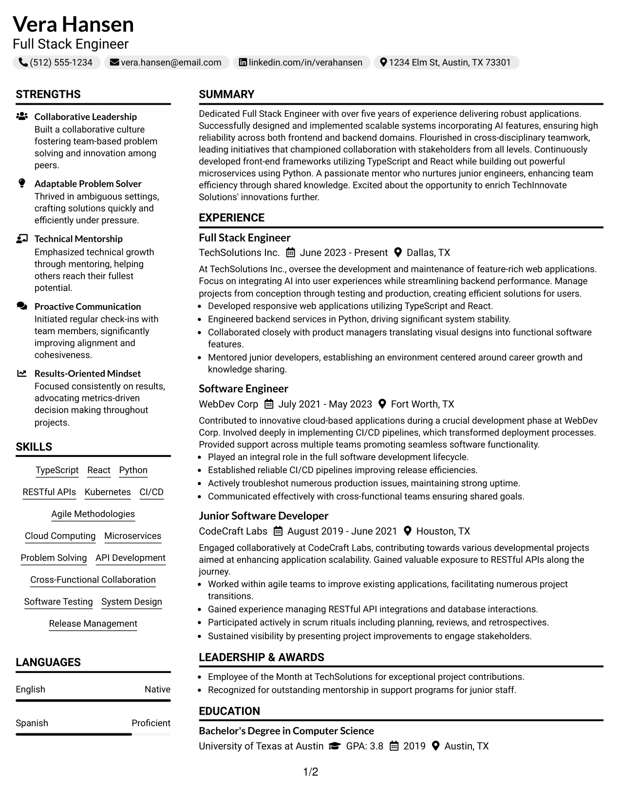 Resume Example Page 1