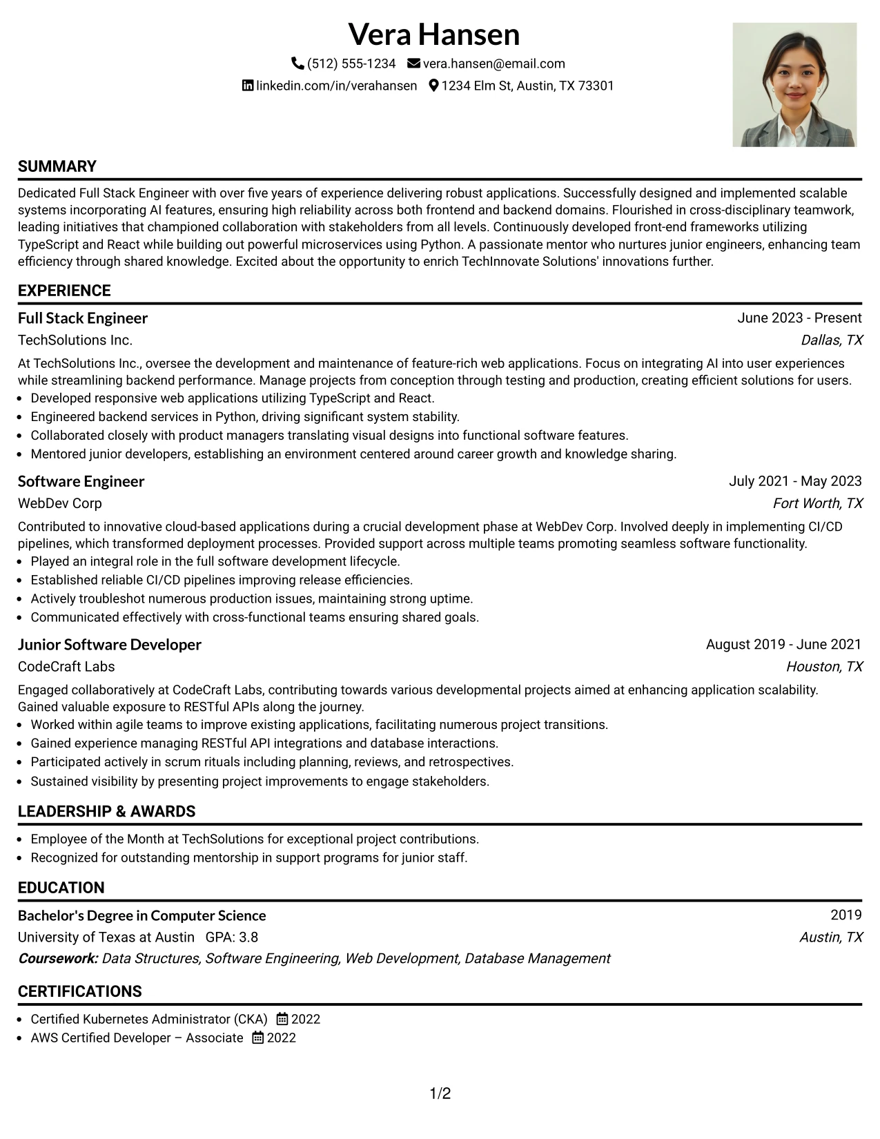 Resume Example Page 1